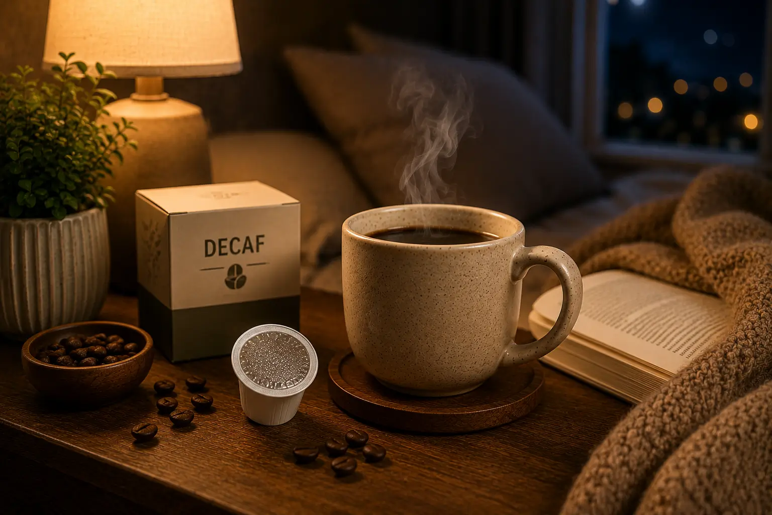 Decaf coffee pod and relaxing evening coffee setup
