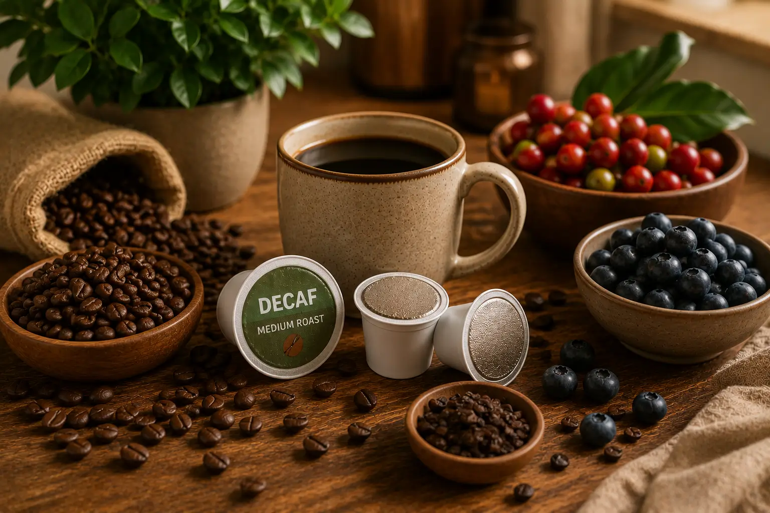 Decaf coffee pods and coffee beans with natural antioxidants