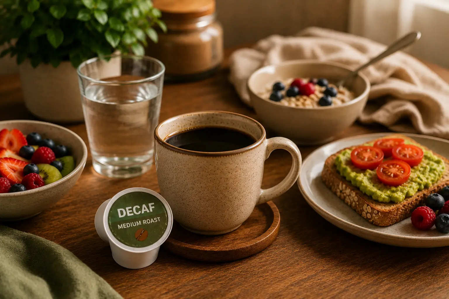 Decaf coffee pods with a balanced breakfast and healthy lifestyle foods