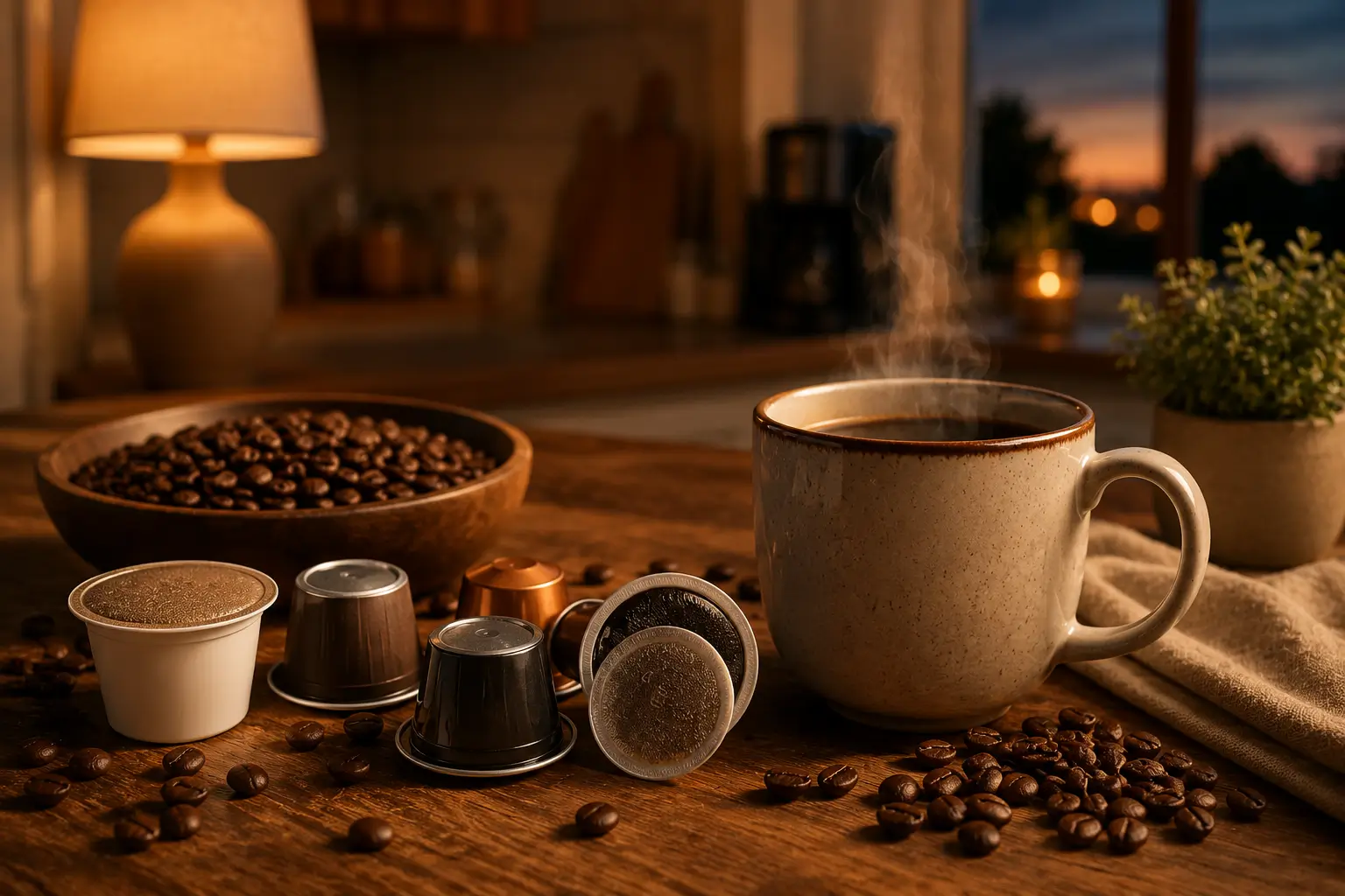 Decaf coffee pods with coffee beans and an evening cup of coffee