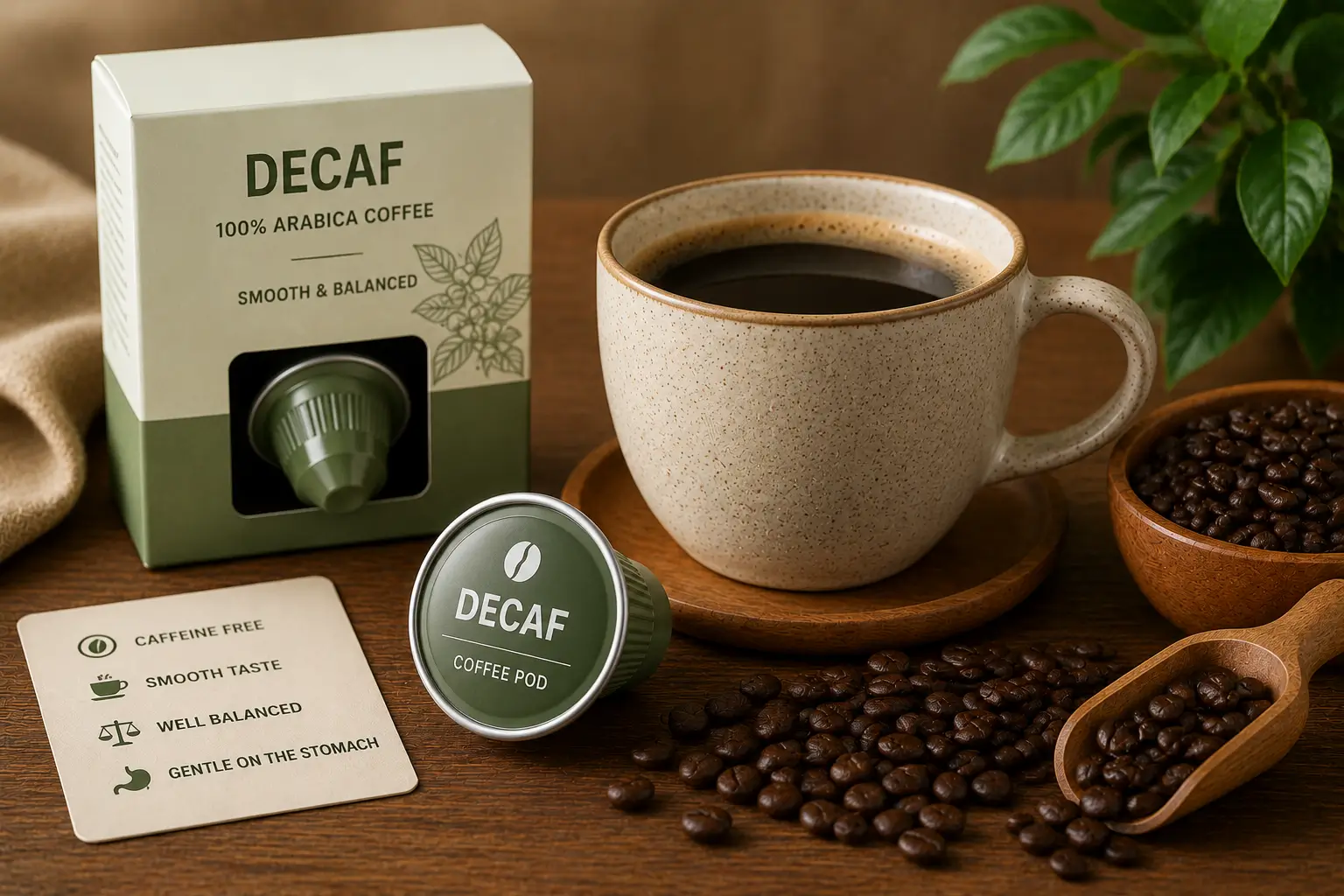 Decaf coffee pods with smooth coffee and roasted beans