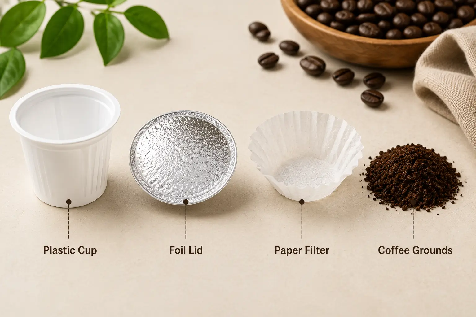 K-Cup Materials Different K-Cup materials including plastic cup foil lid and coffee filter