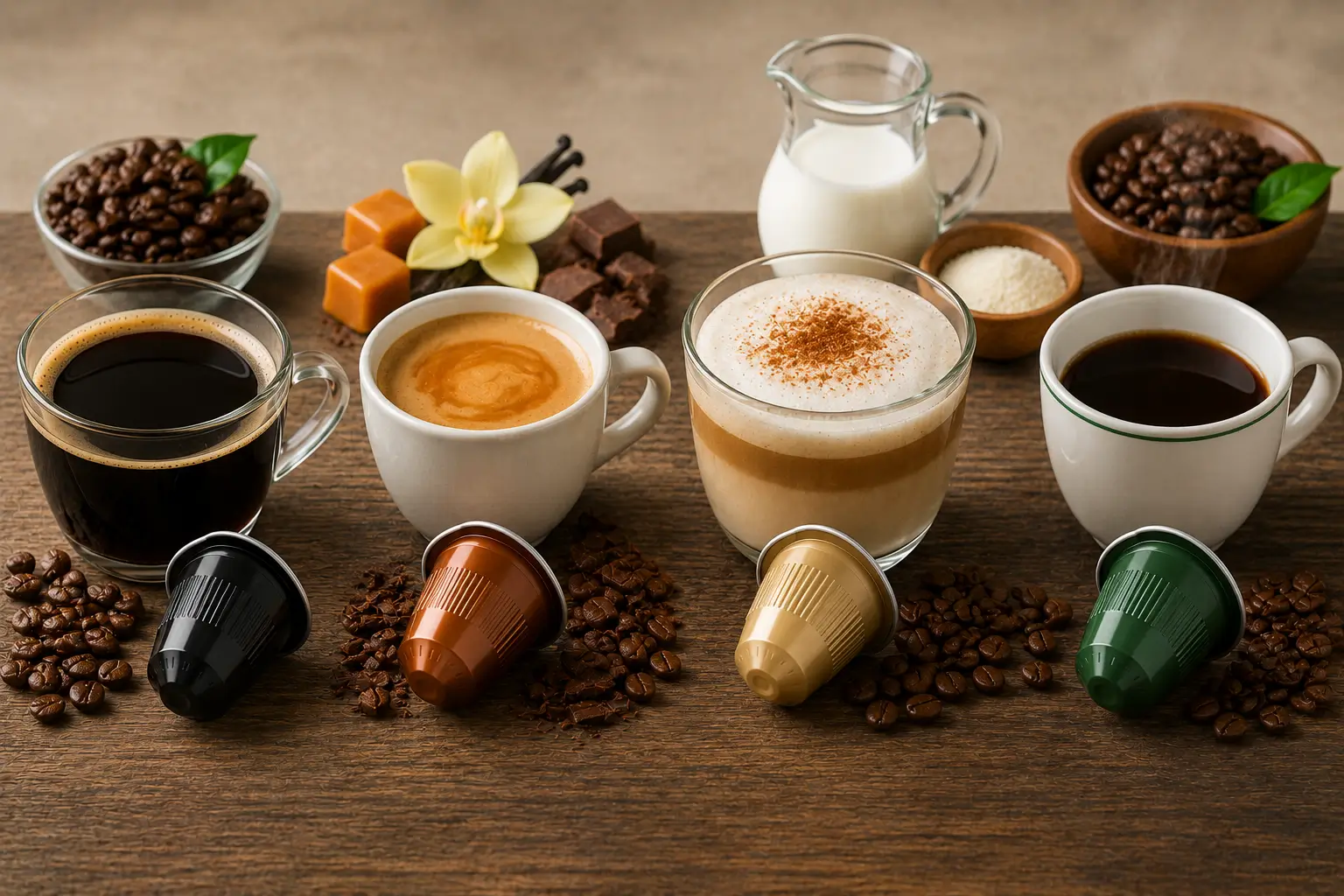 Different coffee pod types with coffee cups and nutrition comparison setup