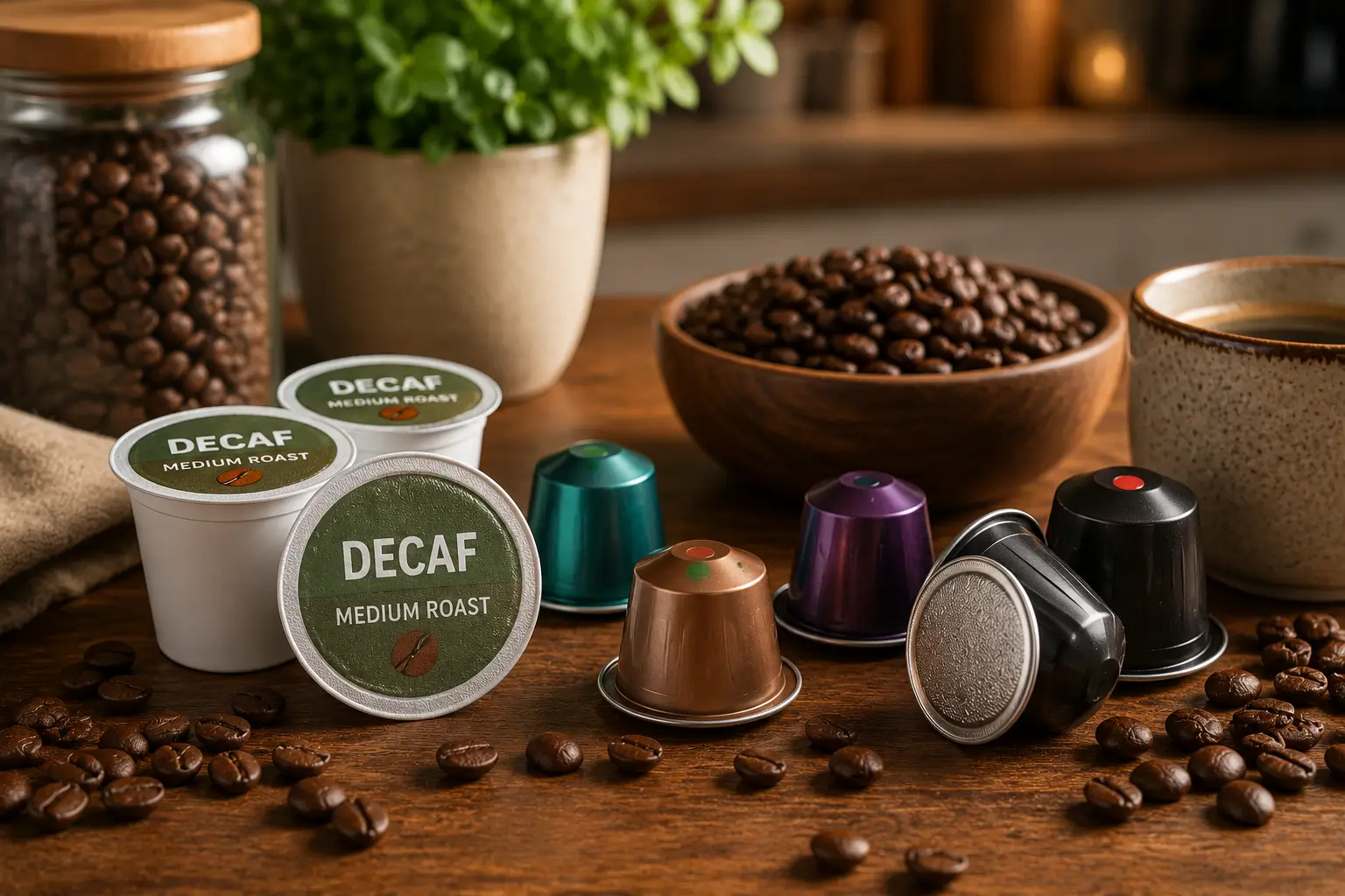 Different decaf coffee pod types including K-Cups and Nespresso capsules