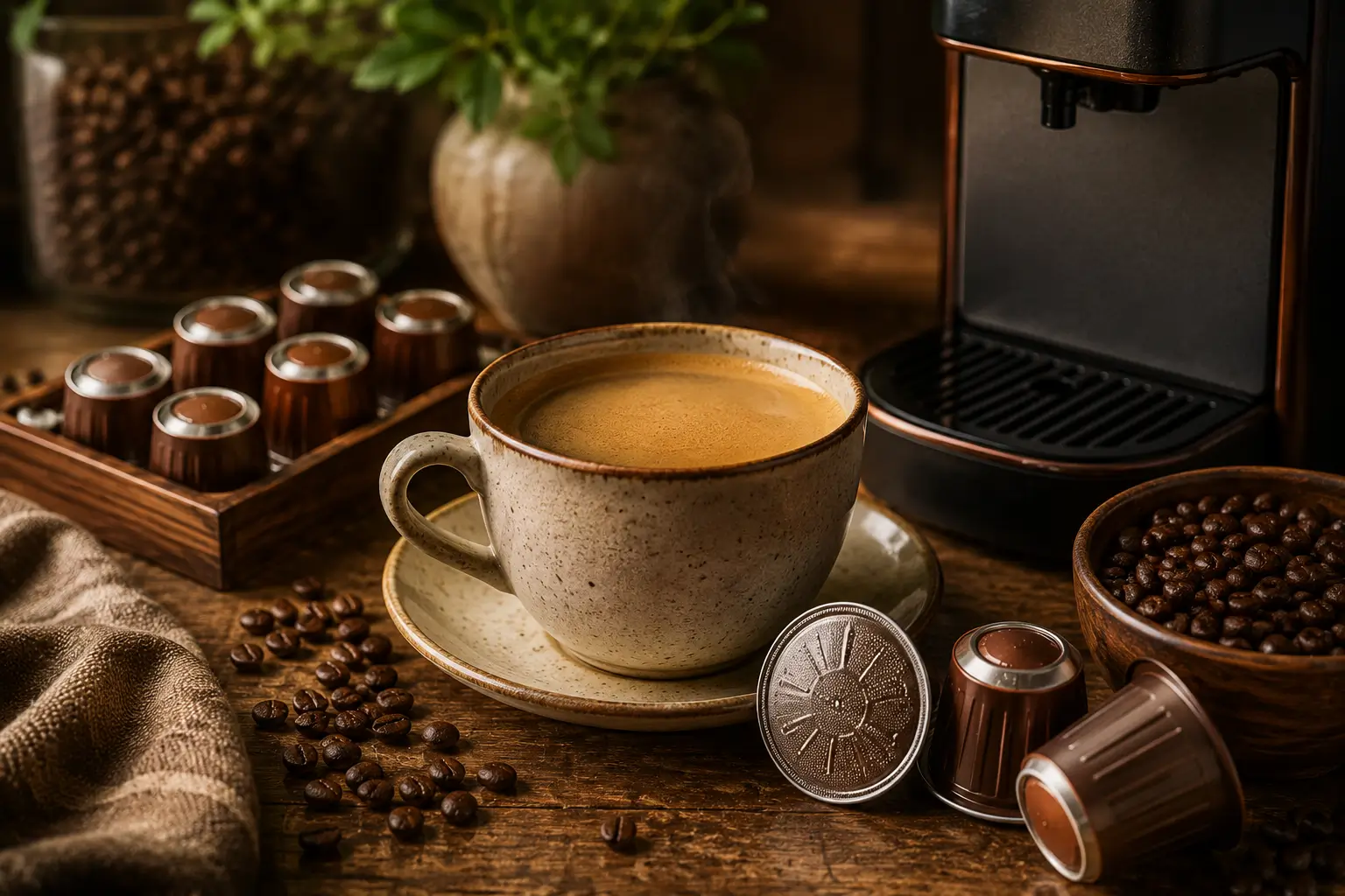 Distillata coffee pods with balanced coffee cup and roasted beans