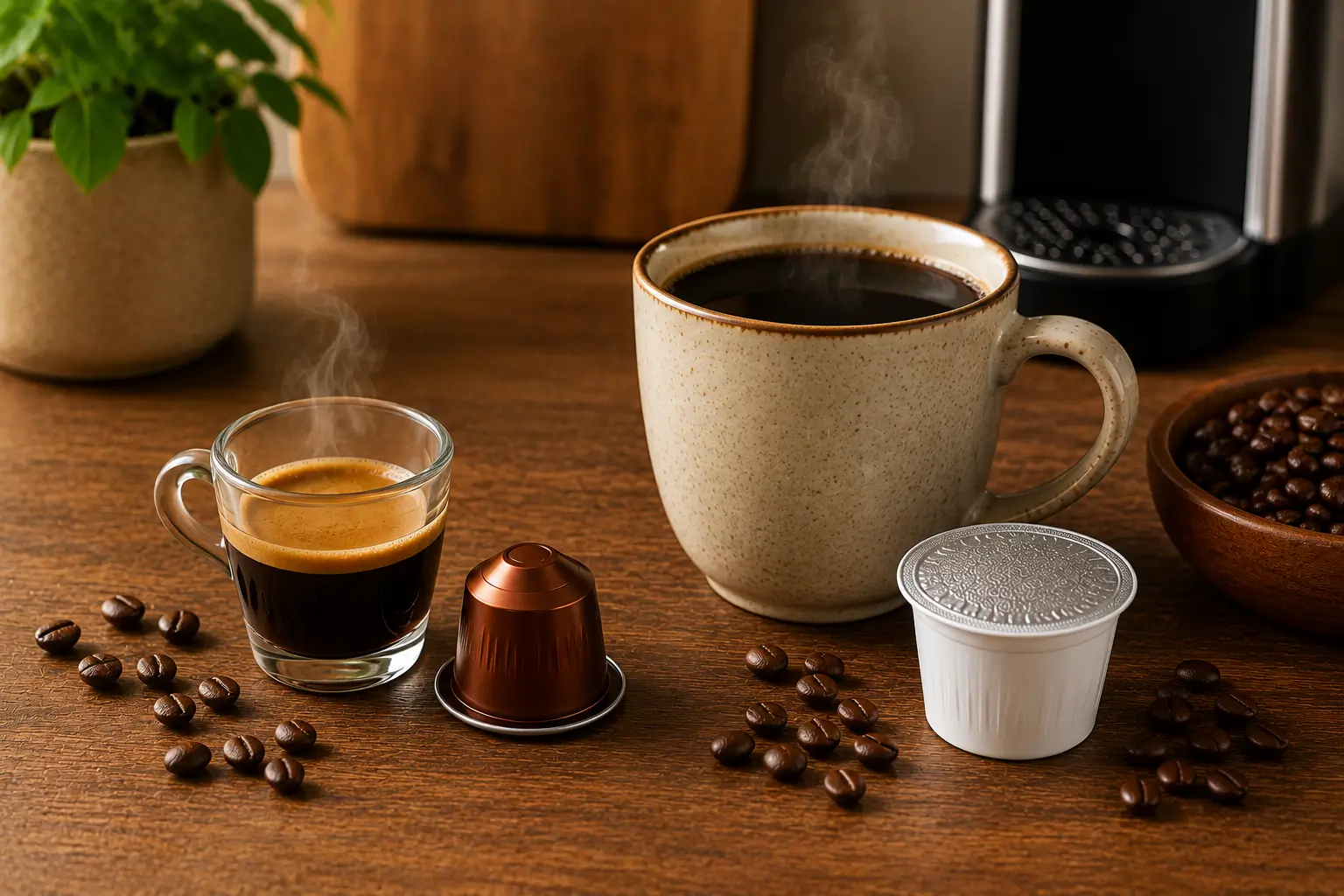 Espresso pods compared with regular coffee pods for caffeine and serving size