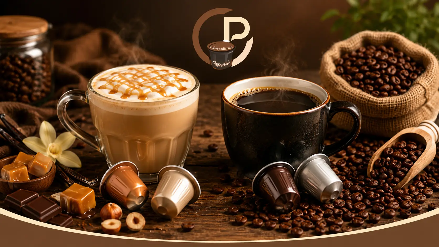 Flavored Coffee vs Traditional Coffee Flavored coffee and traditional coffee comparison with coffee pods and beans