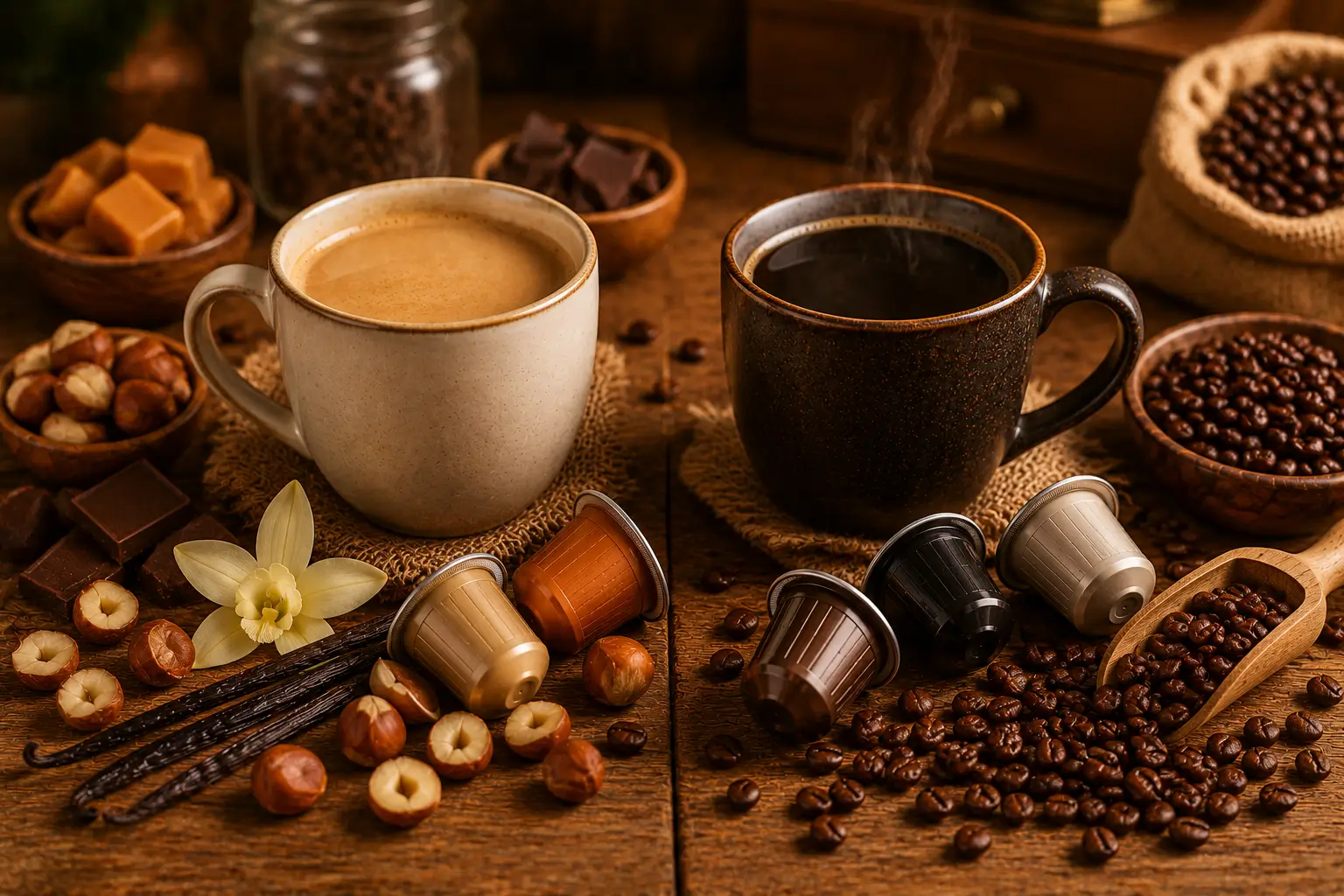 Flavored Coffee vs Traditional Coffee Flavored coffee and traditional coffee comparison with coffee pods and beans
