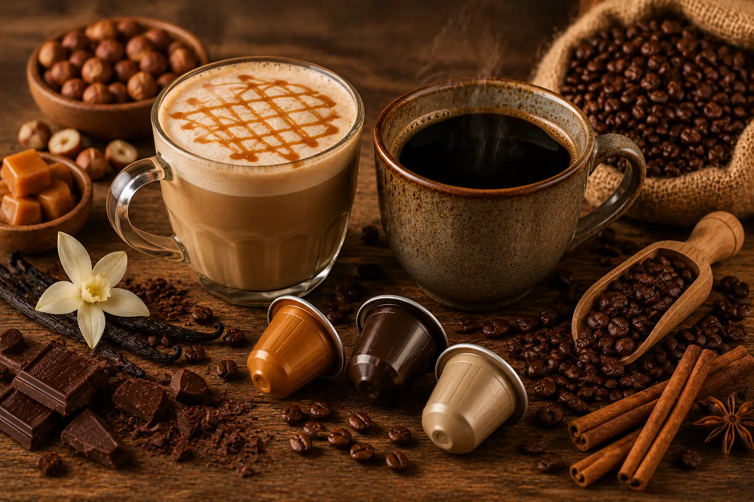 Flavored Coffee and Traditional Coffee Flavored coffee and traditional coffee cups on a wooden table
