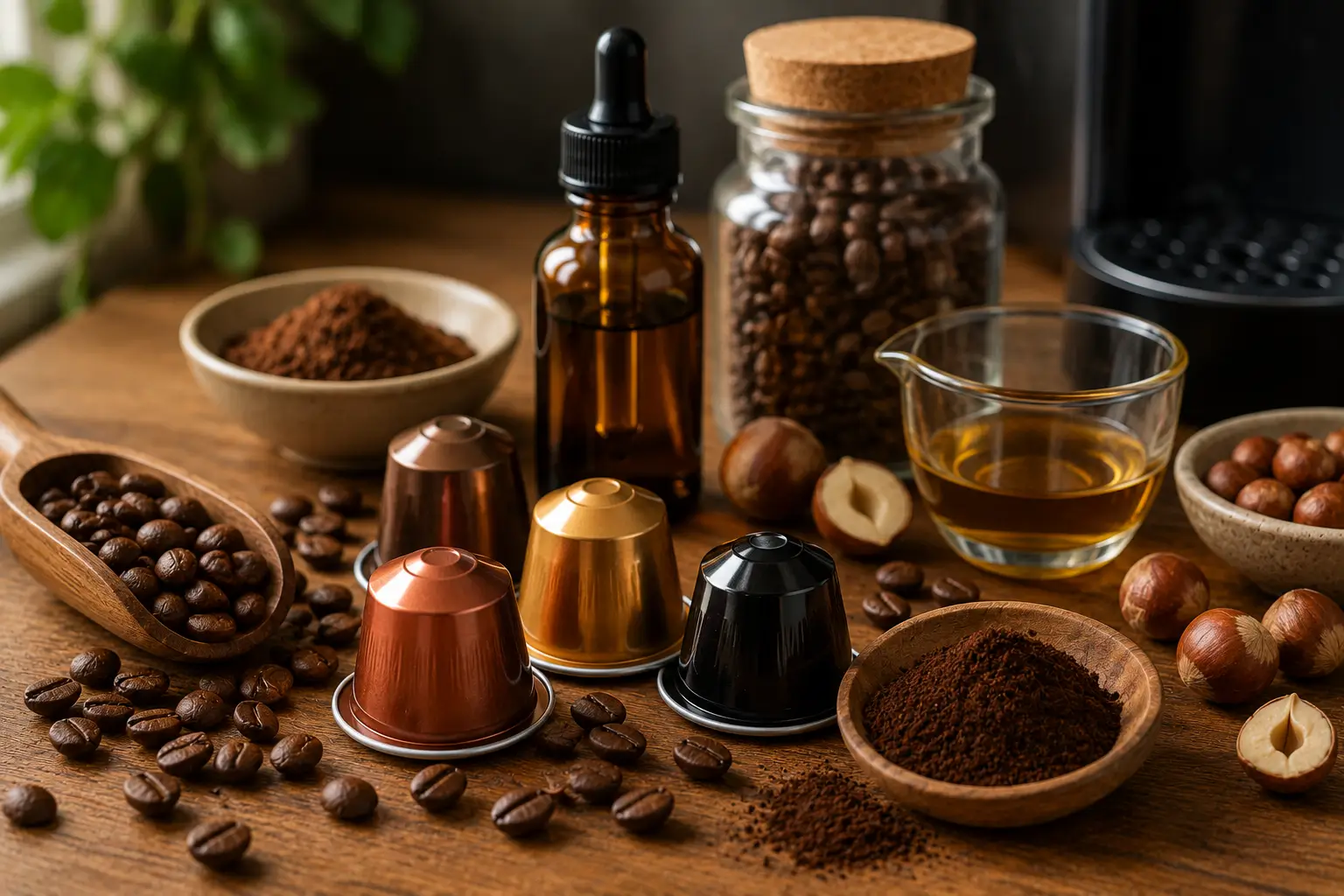 Fresh cup of hazelnut coffee with hazelnuts
