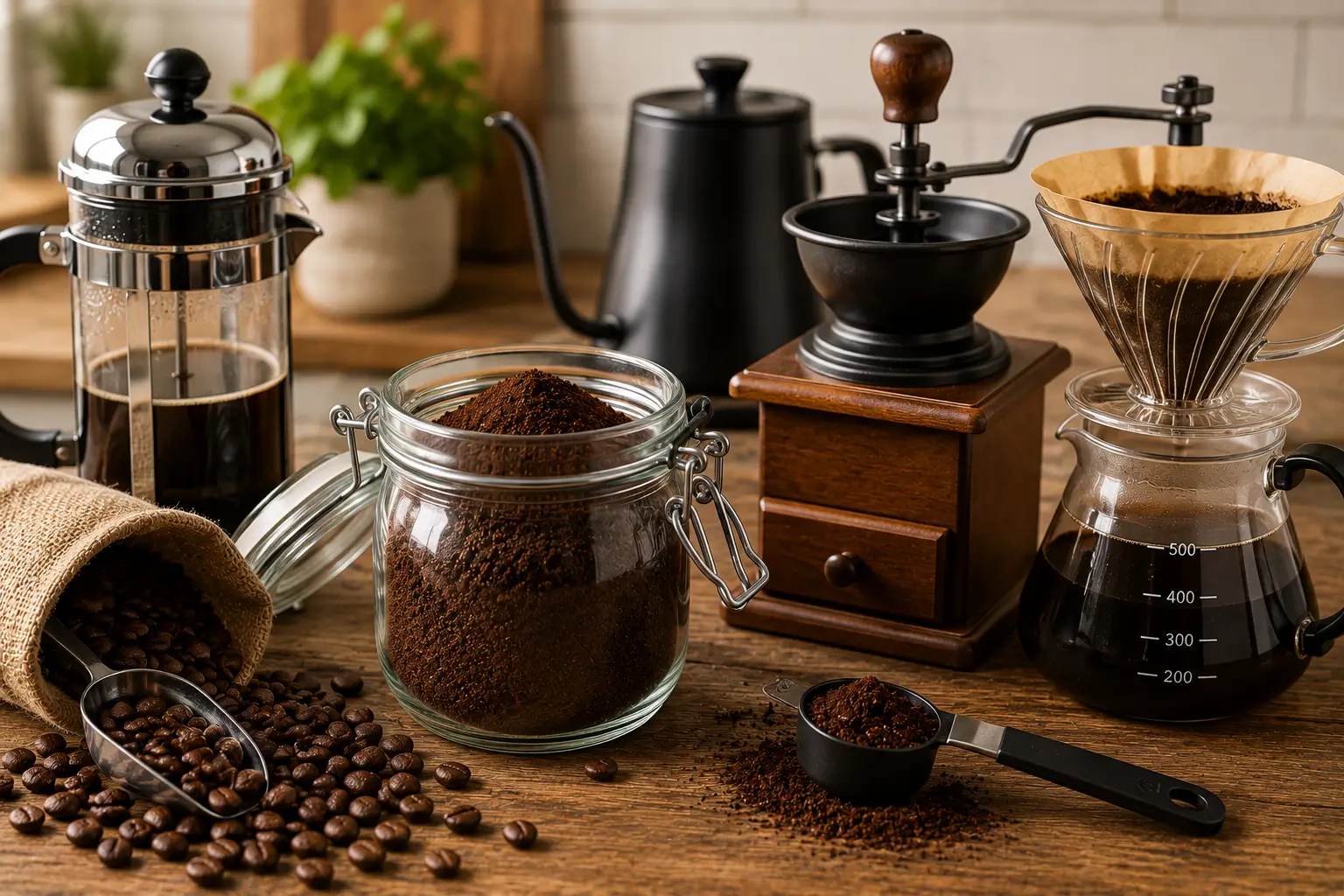 Fresh ground coffee with grinder and brewing tools