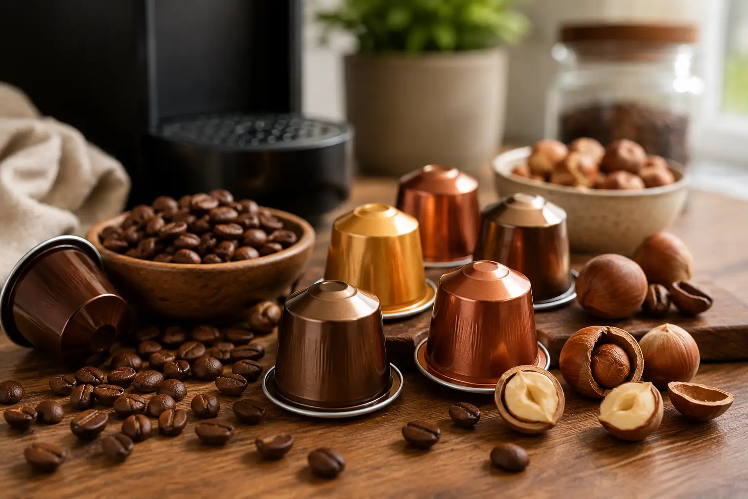 Hazelnut coffee pod flavors with coffee and hazelnuts
