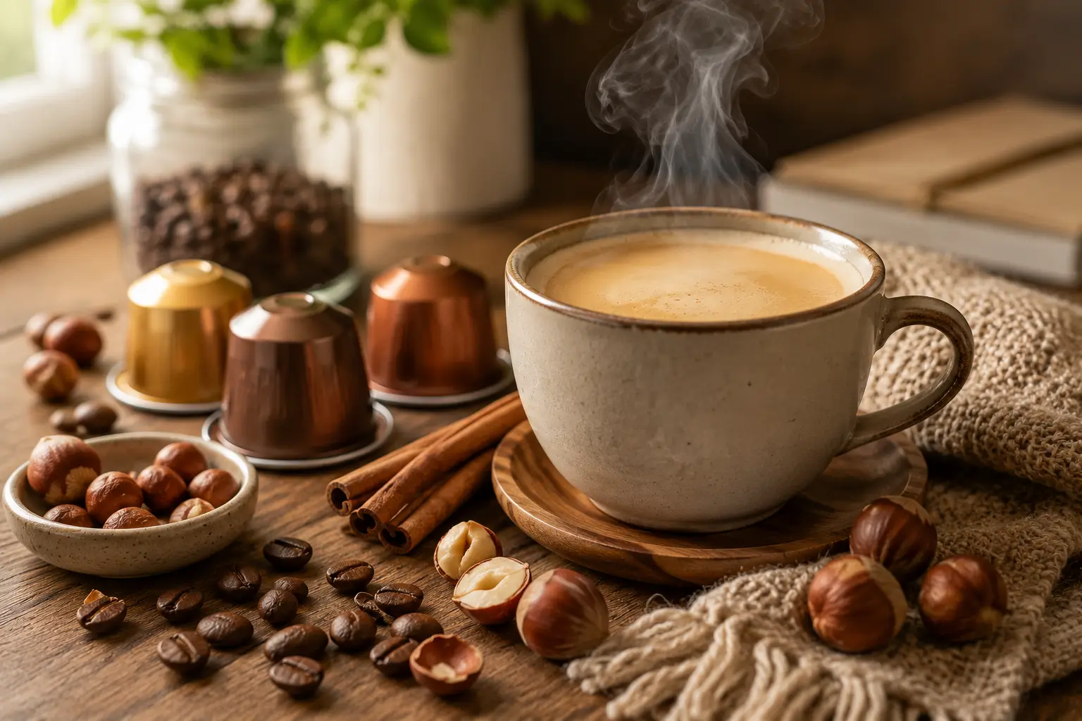 Hazelnut coffee pods with coffee beans and hazelnuts