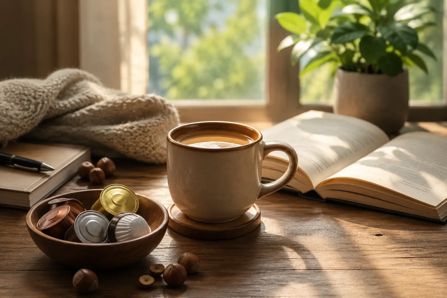 Hazelnut coffee with pastries and cookies
