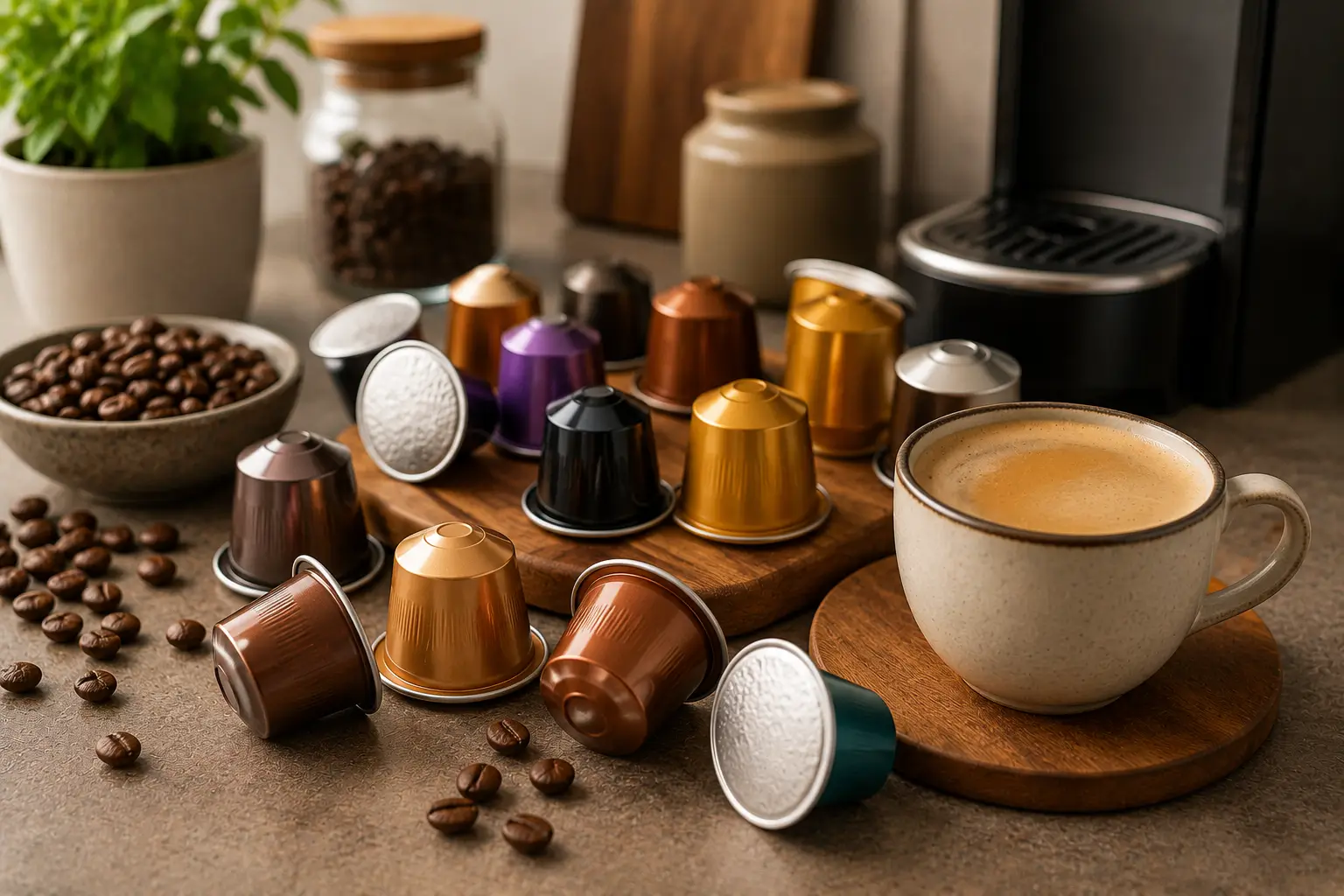 Hazelnuts beside coffee pods and ingredients