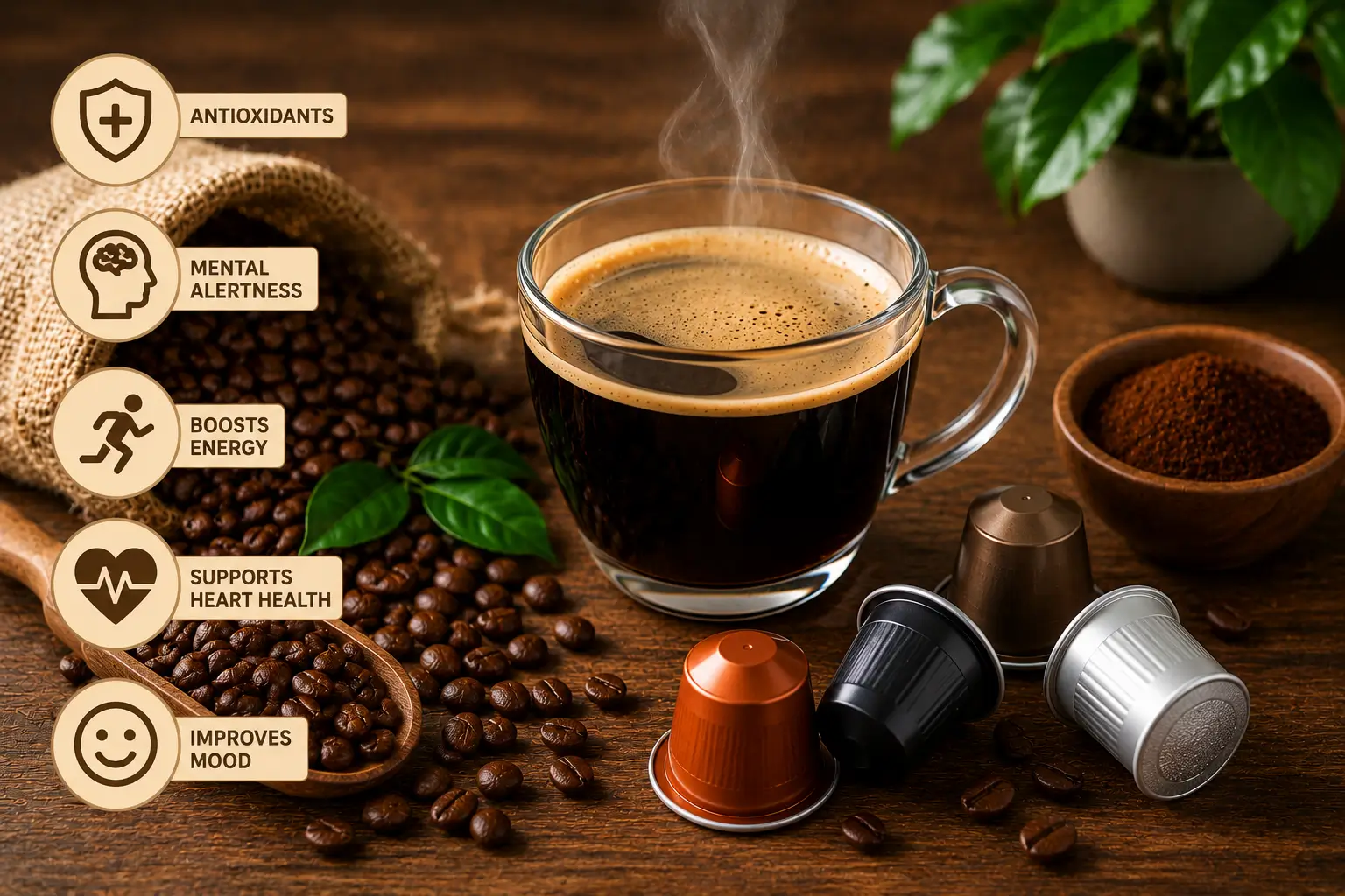 Health Benefits of Coffee Pods Health benefits of coffee pods with black coffee and roasted beans