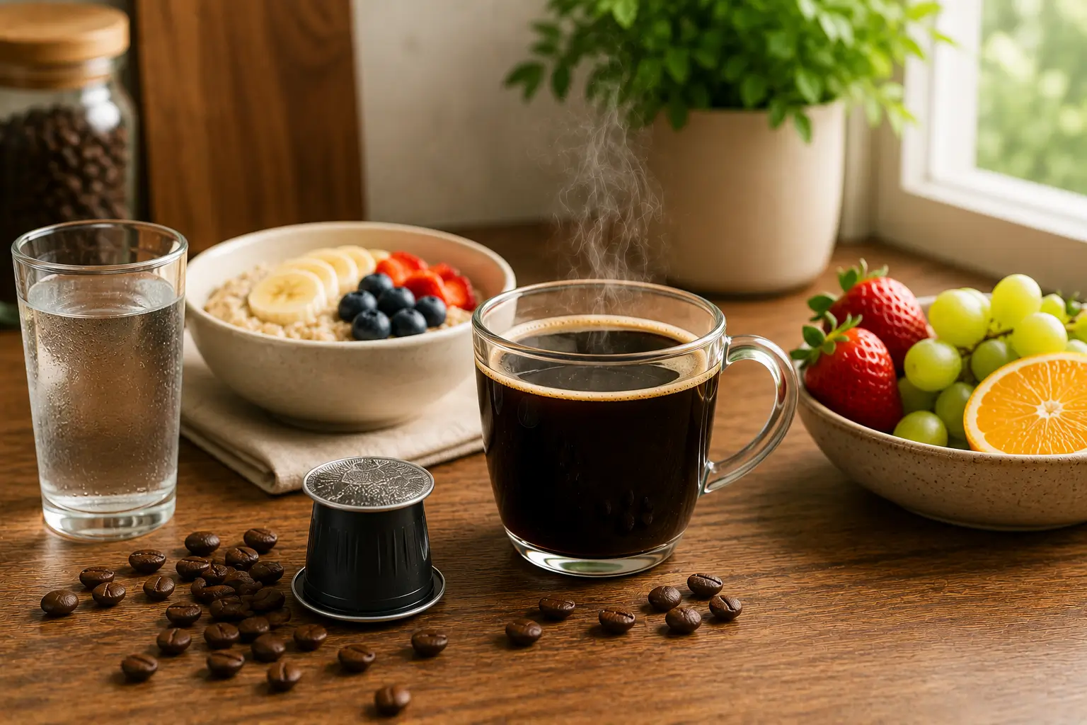 Healthy coffee habits with water black coffee pods and balanced breakfast