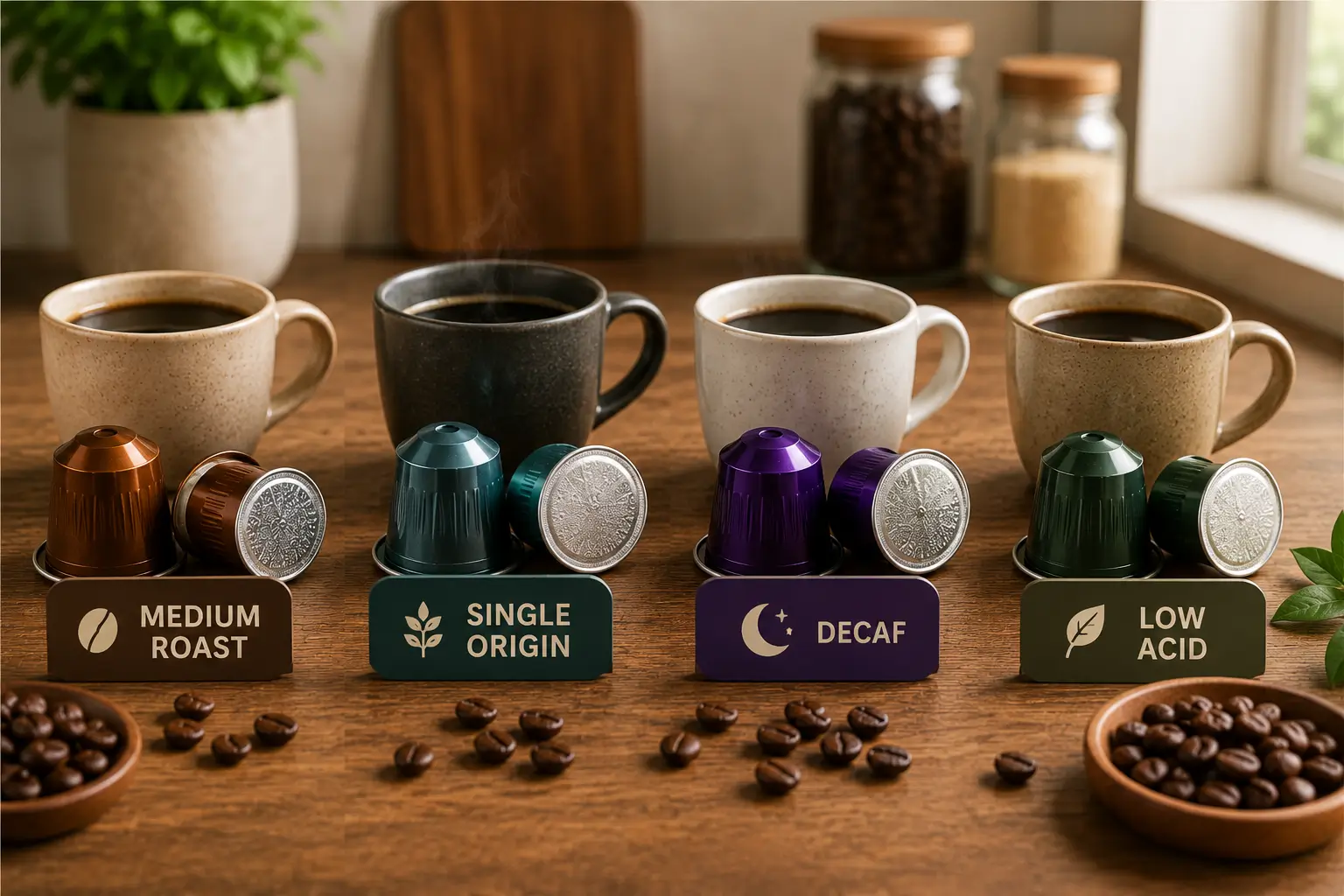 Healthy coffee pod options including medium roast single origin decaf and low acid coffee pods