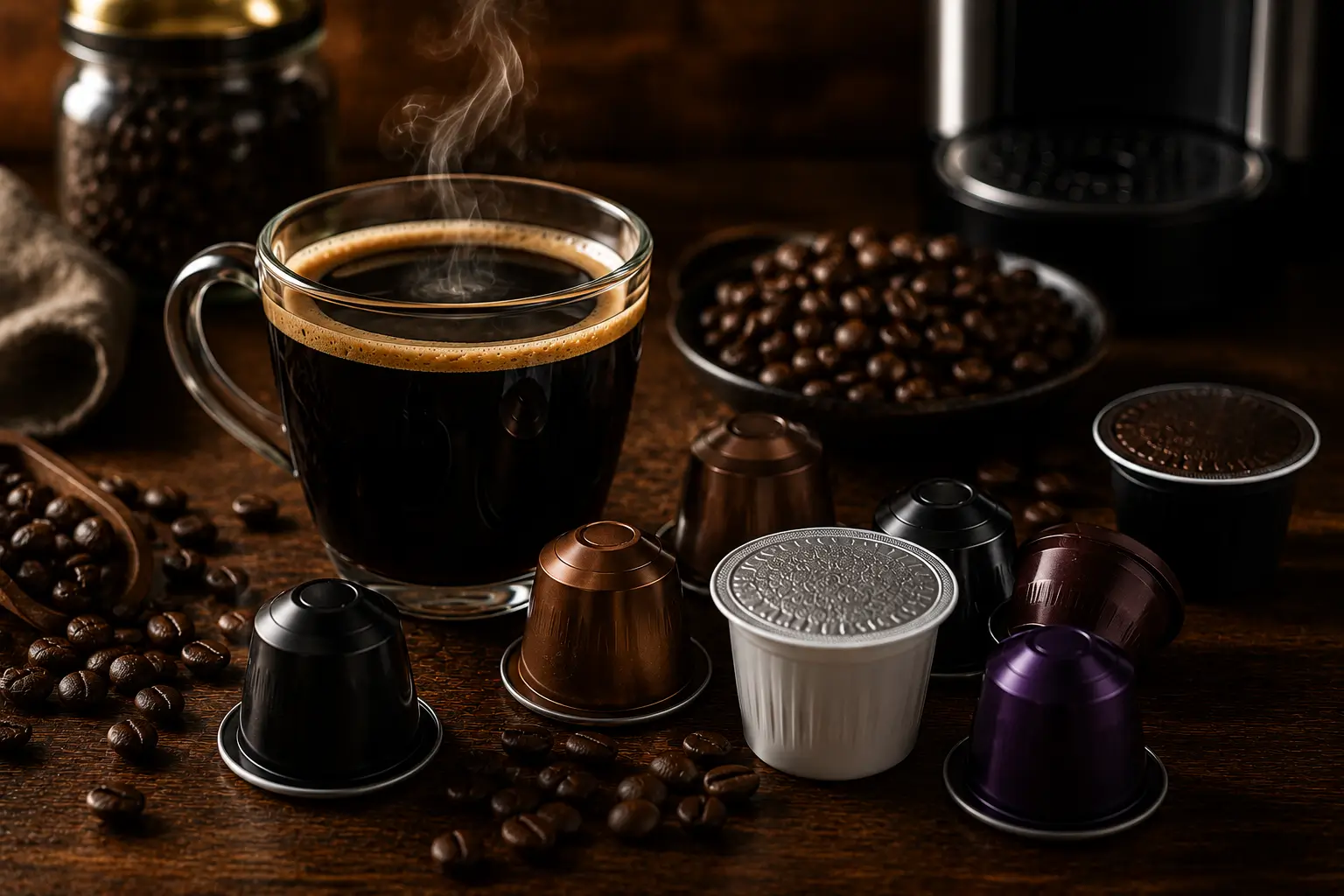 High caffeine coffee pods with dark coffee and roasted beans