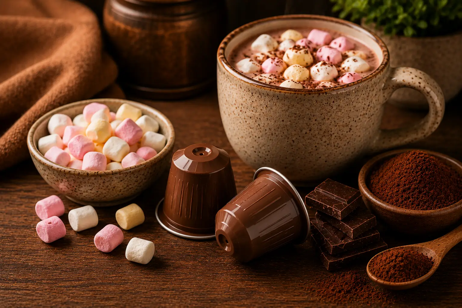 Hot chocolate pods with cocoa powder and colored marshmallows