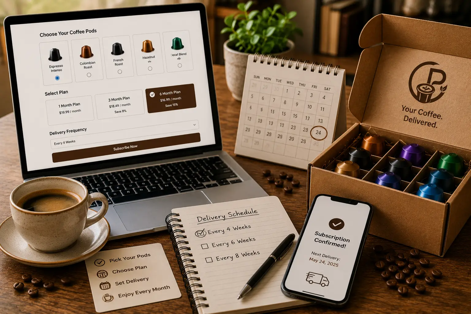 How coffee pod subscriptions work with choosing coffee quantity schedule and delivery