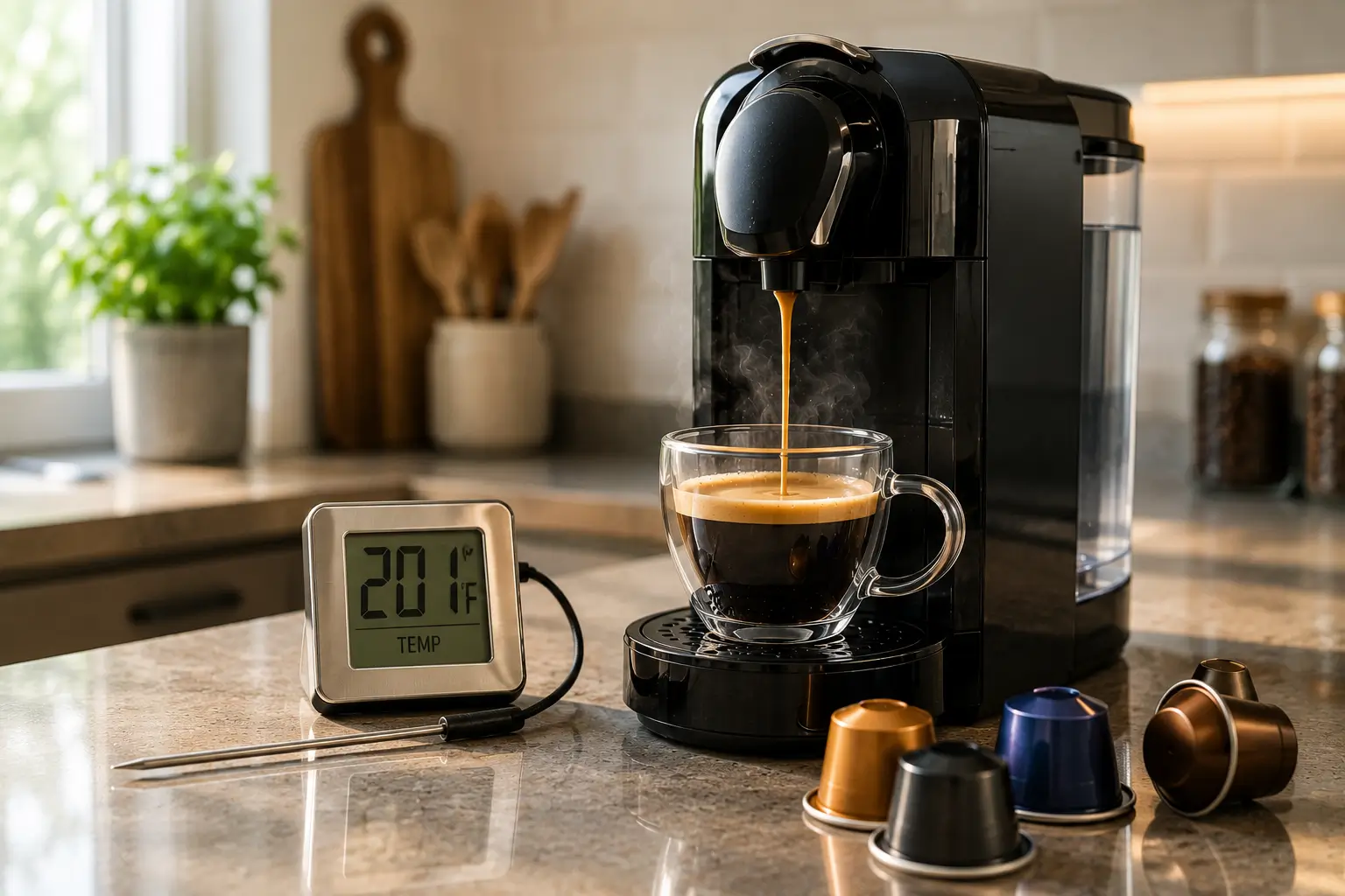 Coffee pod brewing temperature timing and pressure setup