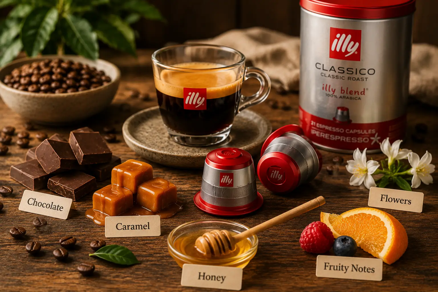Illy coffee flavor notes with chocolate caramel flowers fruit honey and coffee beans