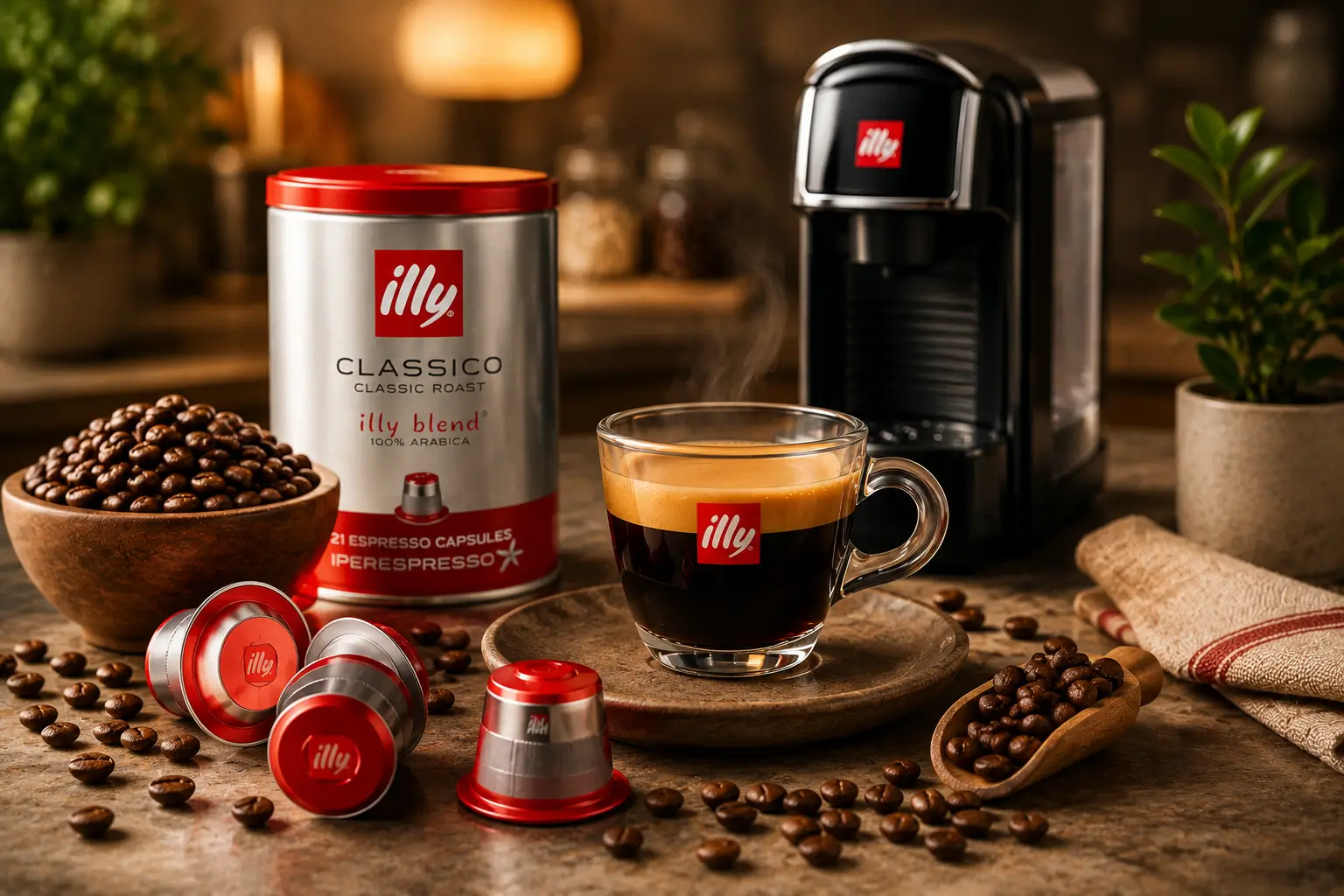 Illy coffee pods with espresso cup and roasted Arabica coffee beans