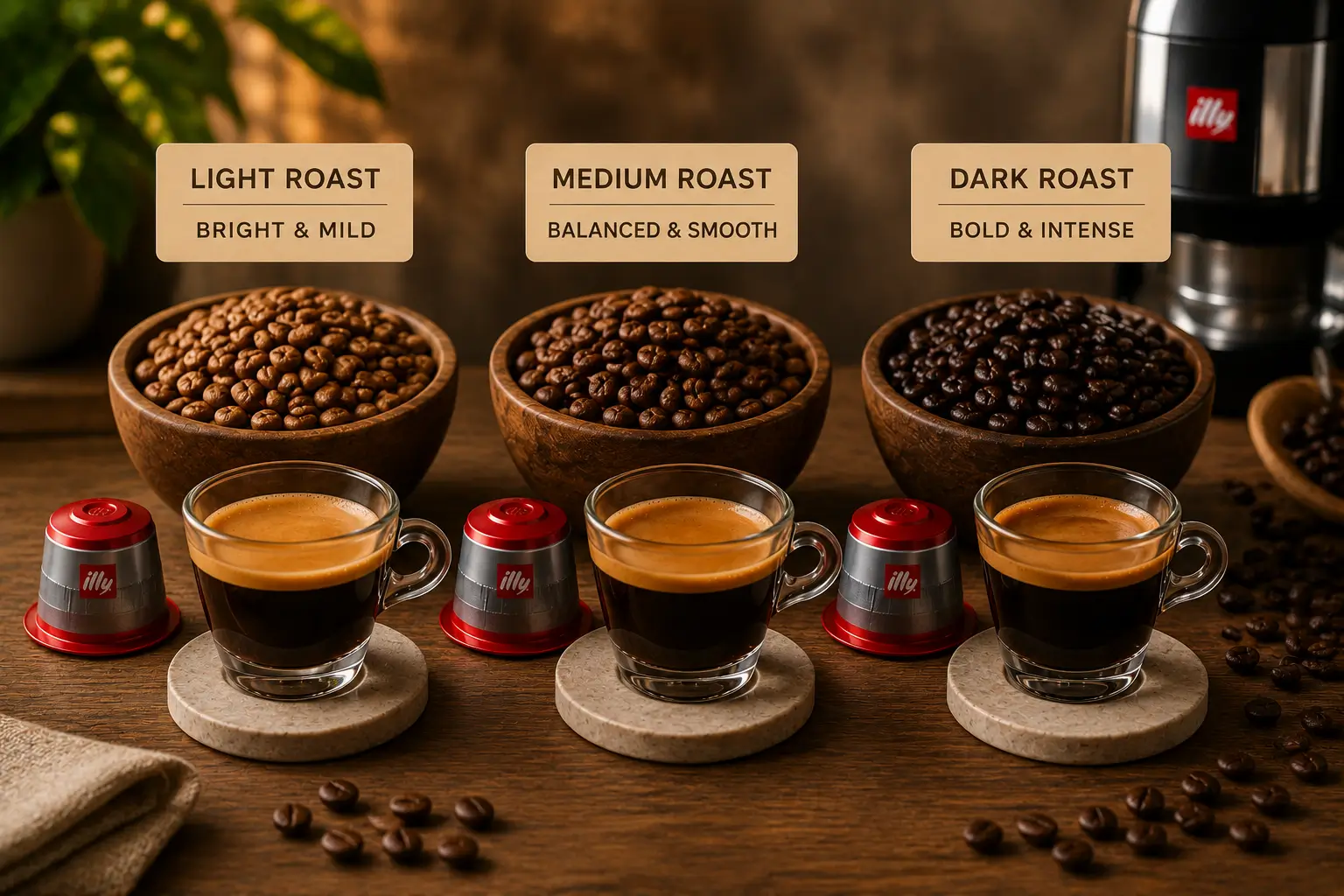 Illy light medium and dark roast coffee beans comparison