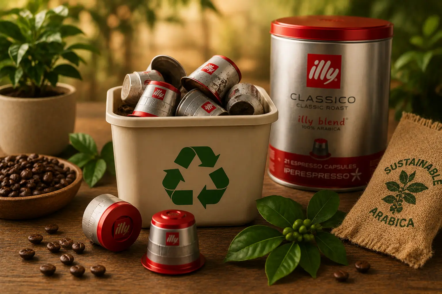 Illy sustainability coffee pods beans and eco friendly coffee concept