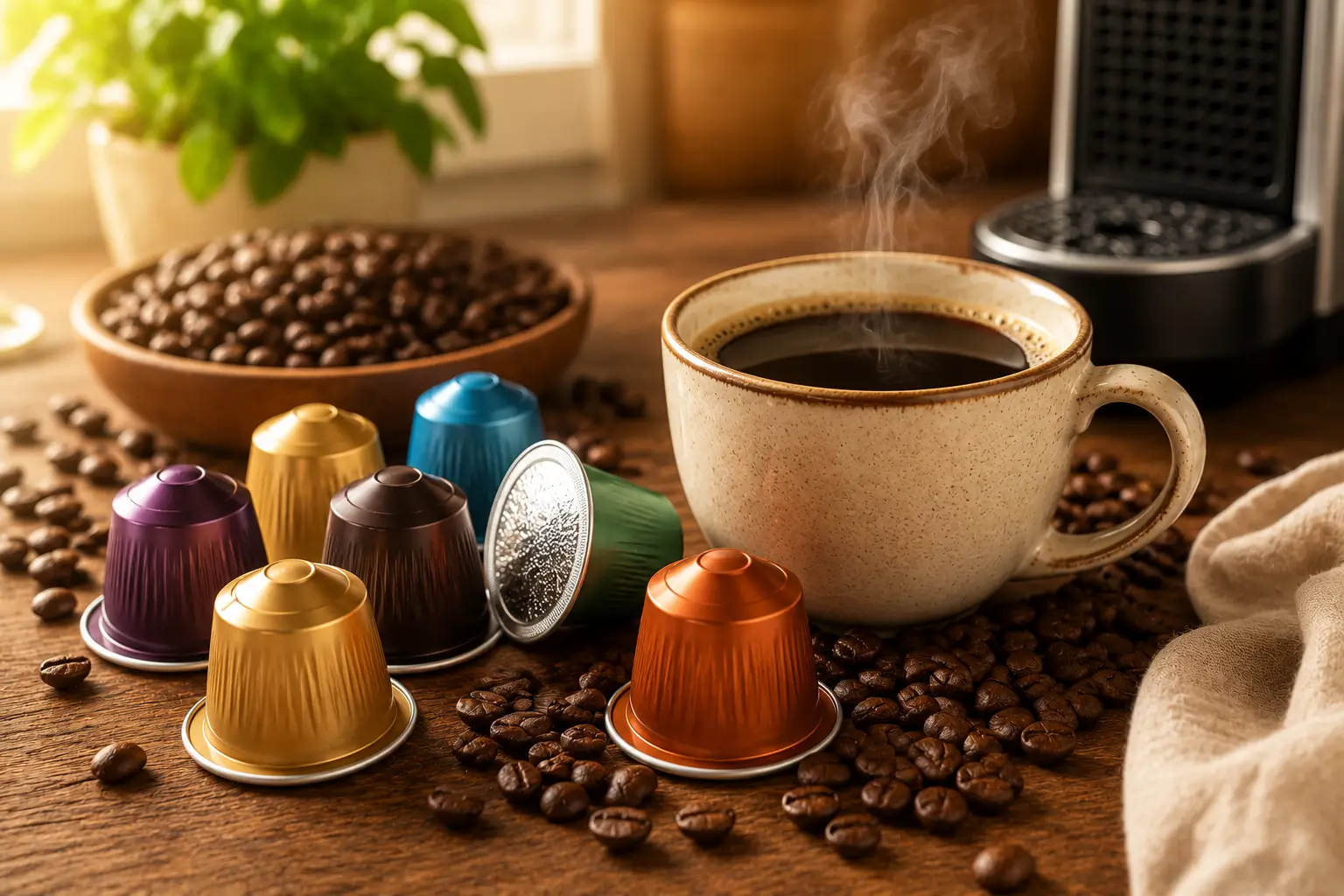 What Are K-Cups? K-Cups arranged beside coffee beans and a brewed coffee cup
