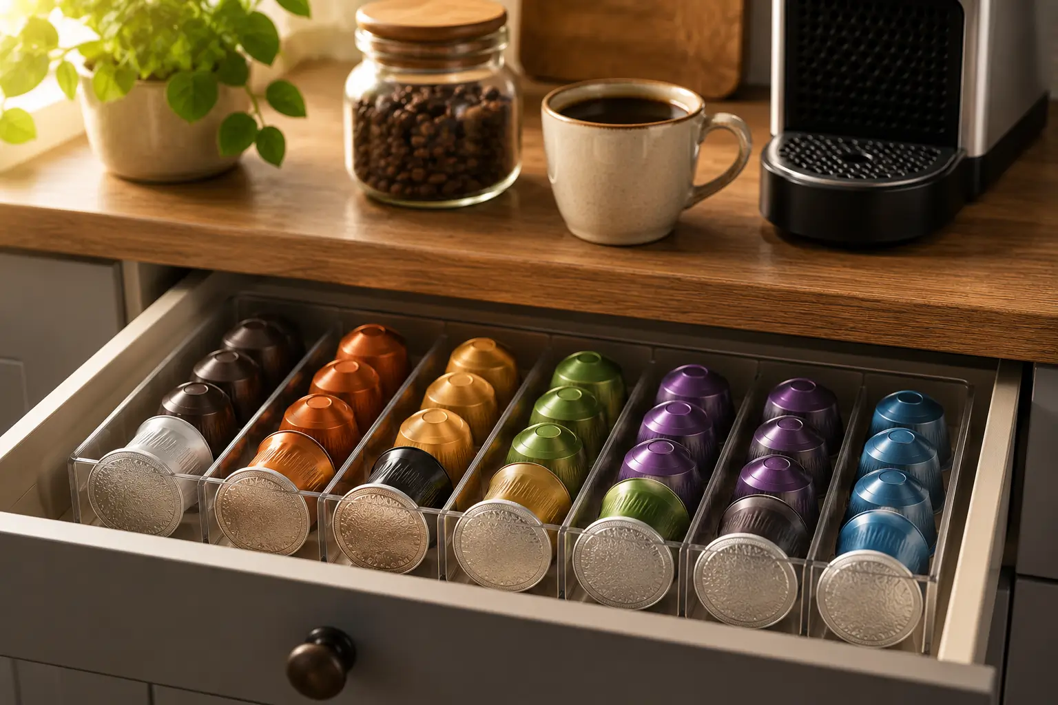 How to Store K-Cups K-Cups stored in an organized drawer away from heat and moisture