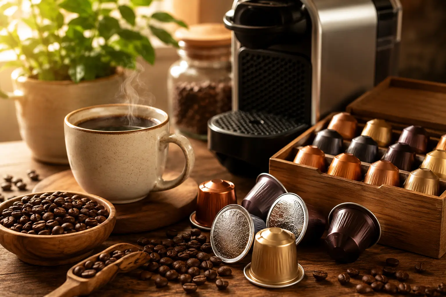 What Are K-Cups? K-Cups with coffee beans and a single serve coffee maker