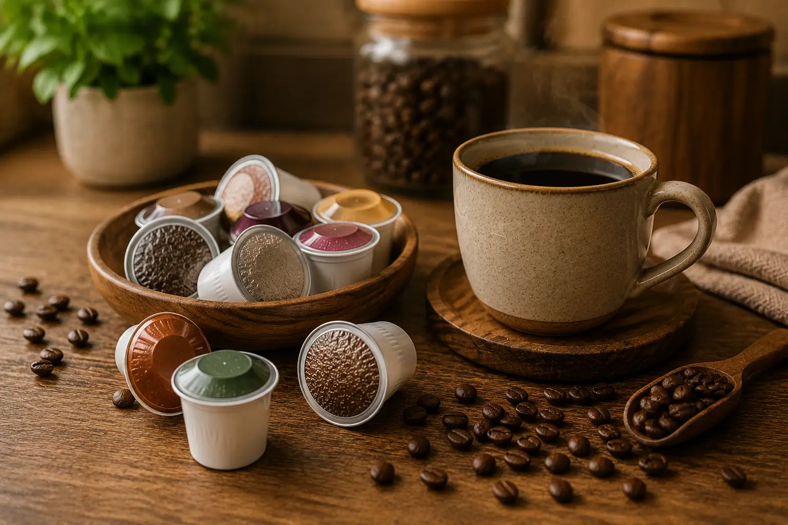 What Are Keurig Coffee Pods? Keurig K-Cups arranged beside coffee beans and a brewed coffee cup
