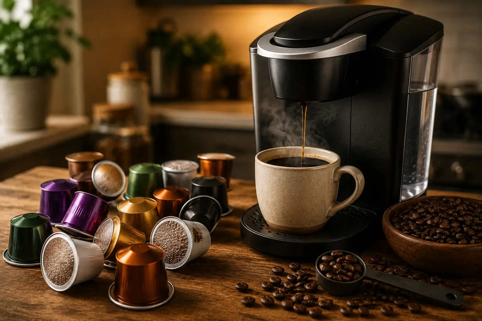 Keurig Coffee Pods Keurig coffee pods with a Keurig machine coffee beans and a fresh cup of coffee