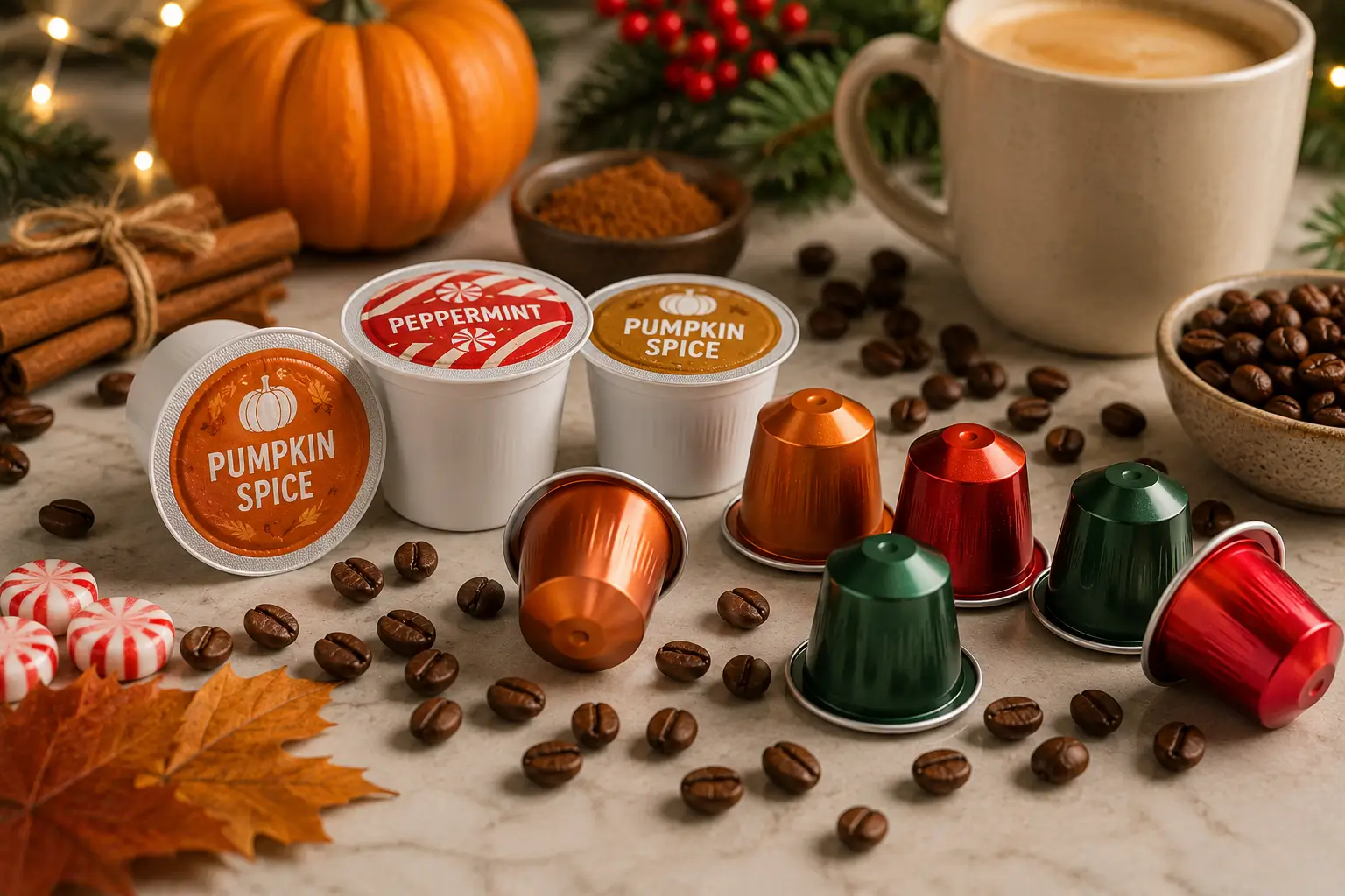 Seasonal Coffee Pods for Keurig and Nespresso Keurig style pods and Nespresso style capsules with seasonal ingredients