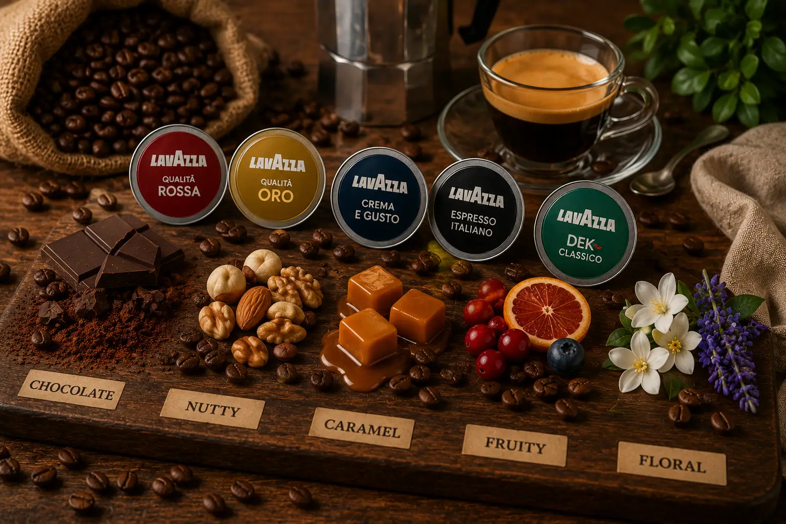 Lavazza coffee flavor notes including chocolate nuts caramel fruity notes and floral aromas