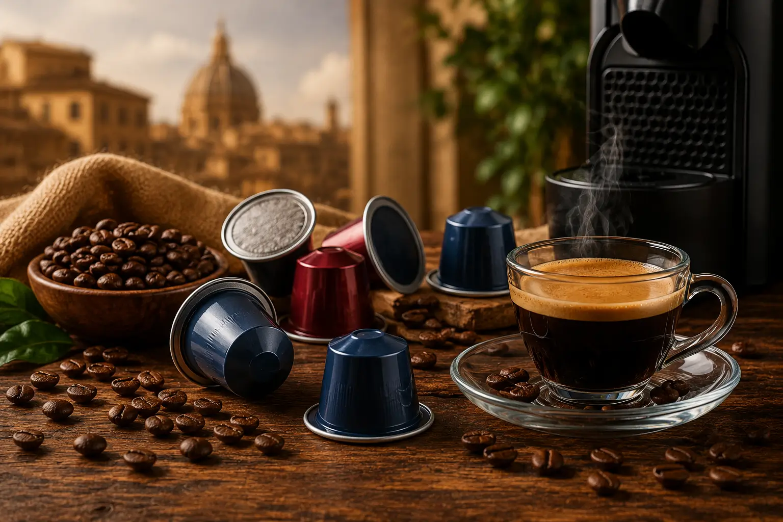 Lavazza coffee pods with espresso cup and roasted coffee beans