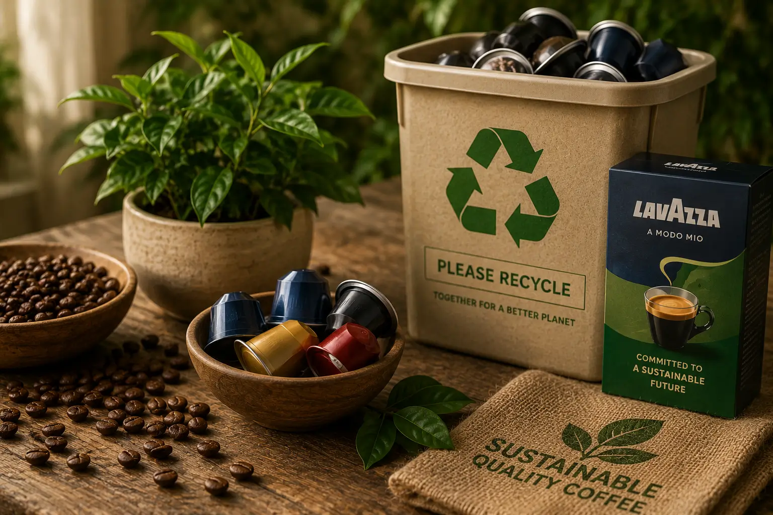 Lavazza sustainability coffee pods coffee beans and eco friendly coffee concept