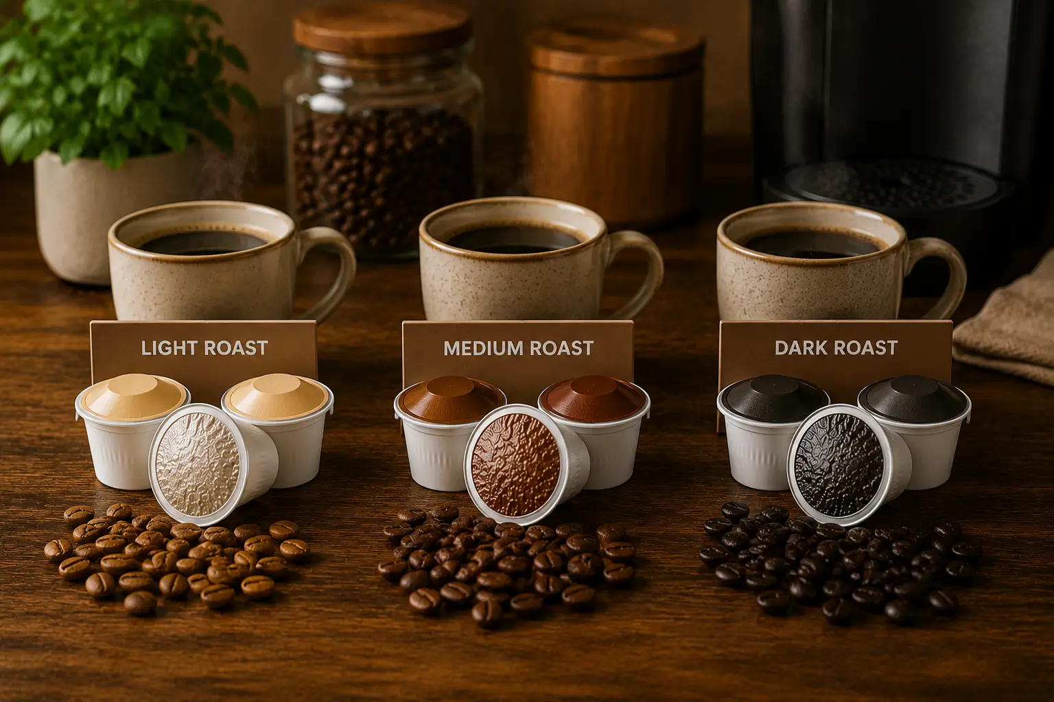 Keurig Roast Levels Light medium and dark roast Keurig coffee pods with coffee beans