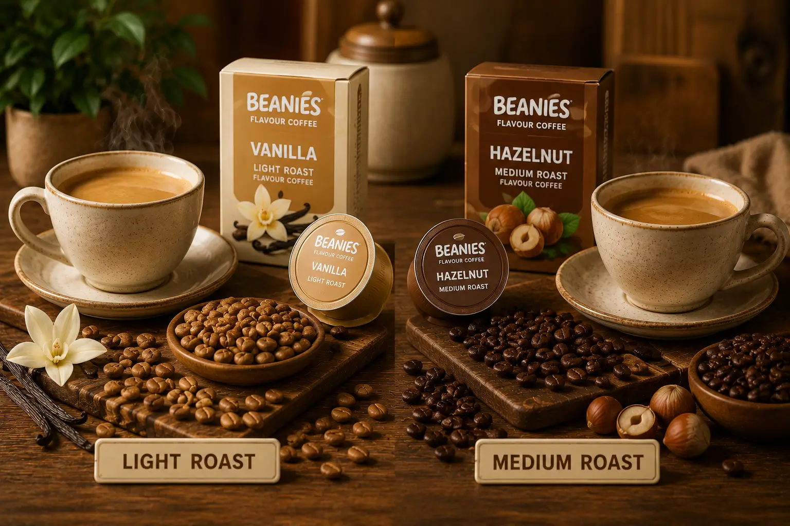 Light roast and medium roast coffee beans with flavored coffee pods