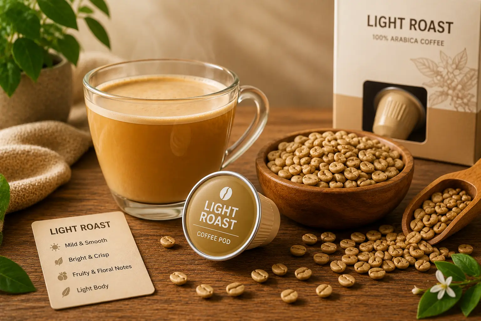 Light roast coffee pods with light roasted beans and smooth coffee