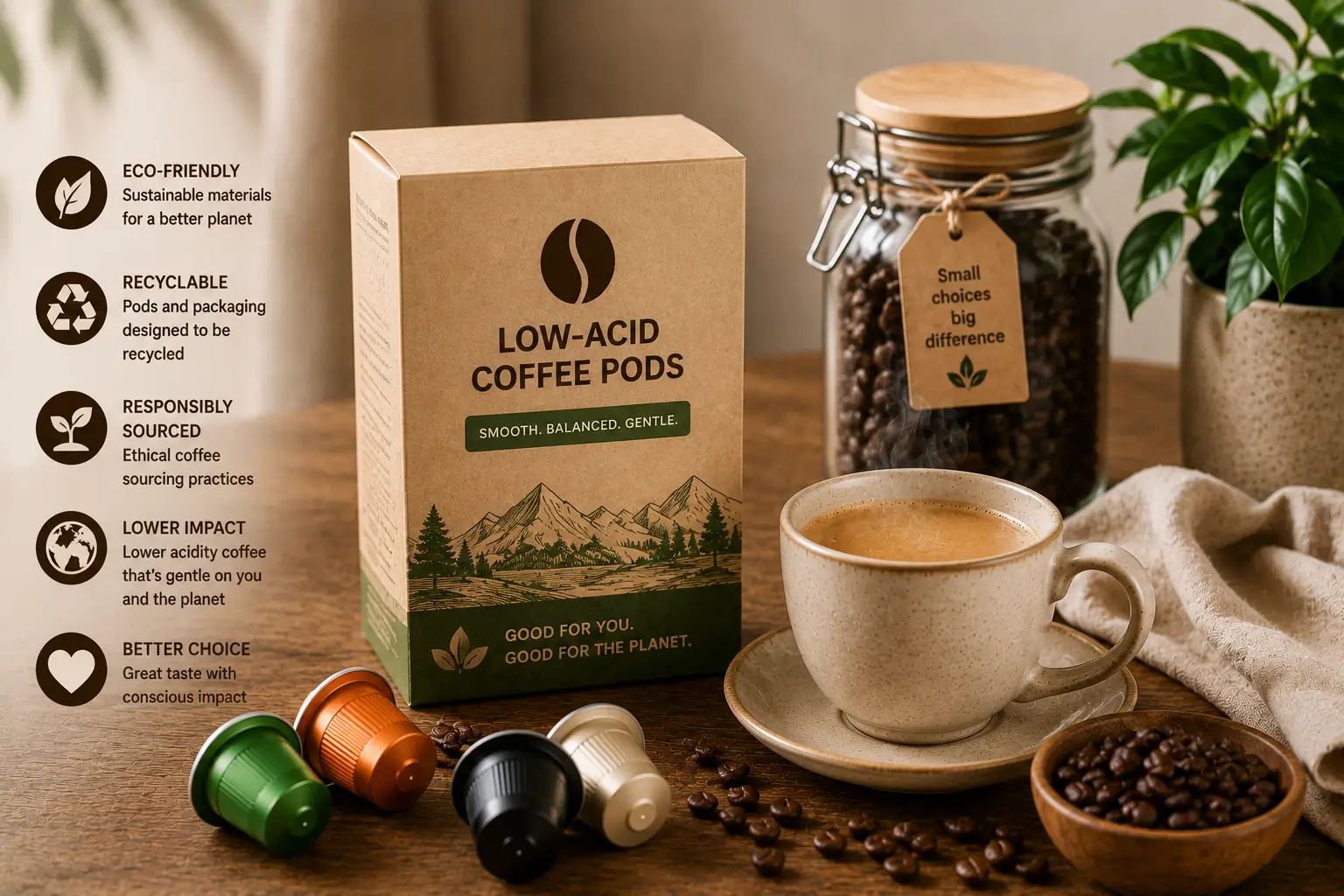 Low-acid coffee brewing setup with coffee pods and smooth coffee