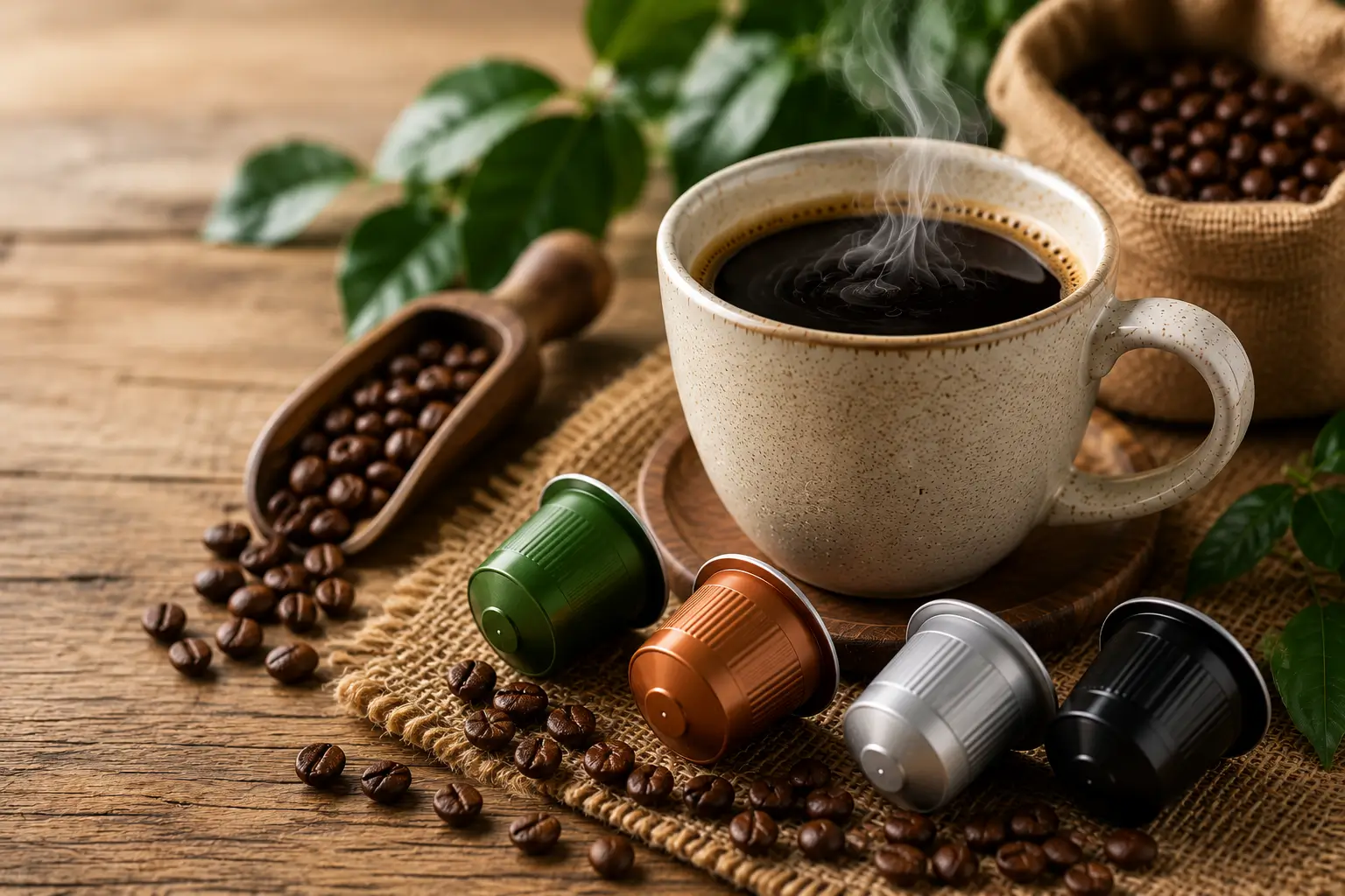 Low-acid coffee pods for sensitive stomachs with smooth coffee and beans