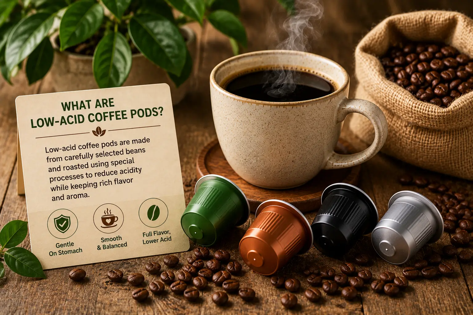 Low-acid coffee pods with smooth coffee and roasted beans