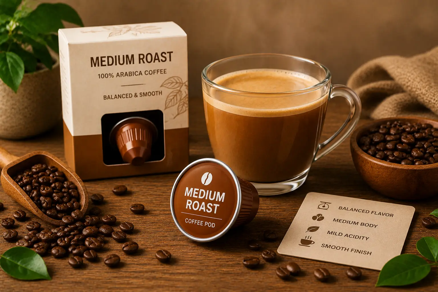Medium roast coffee pods with balanced coffee and roasted beans