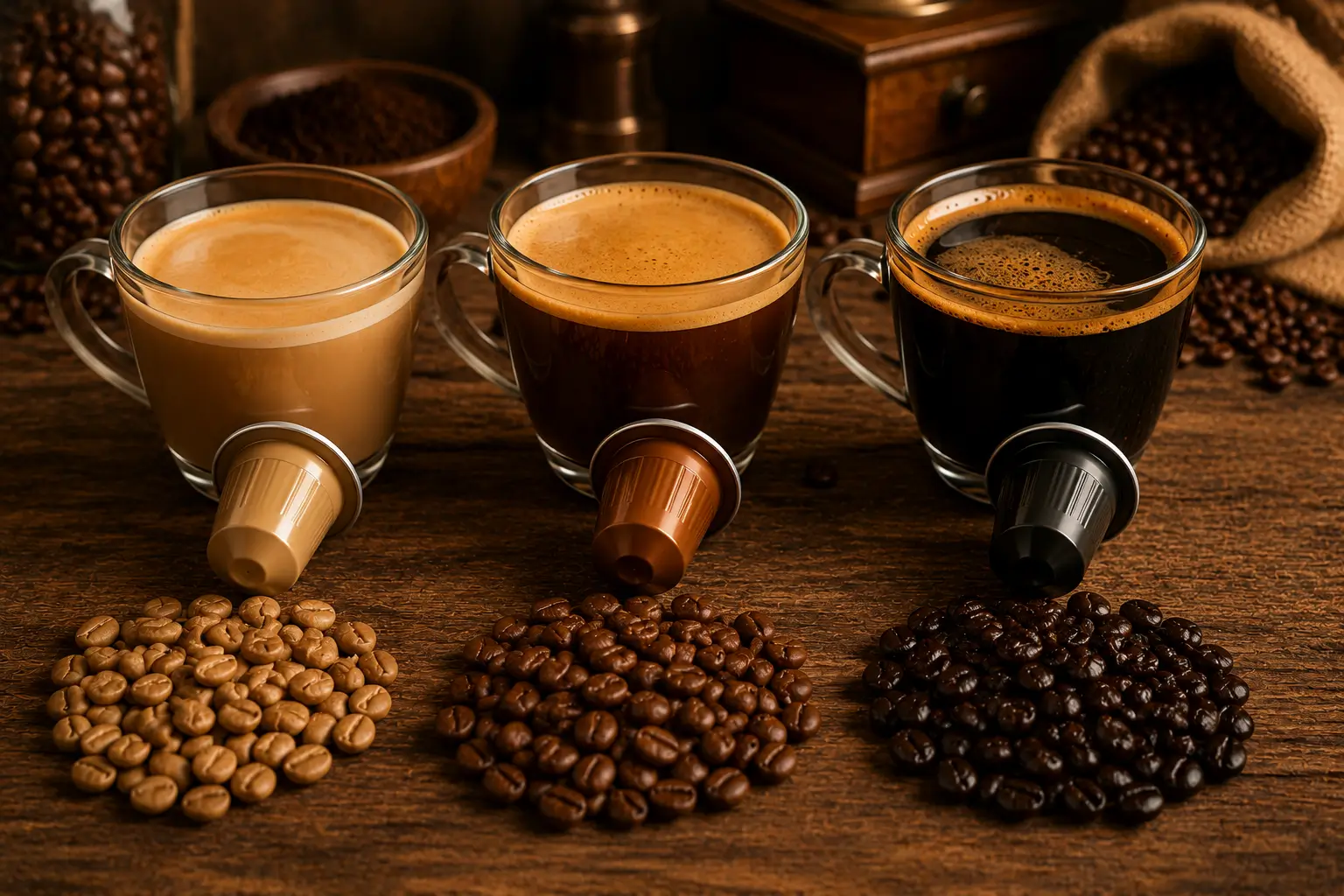 Mild bold and strong coffee pods with roasted beans
