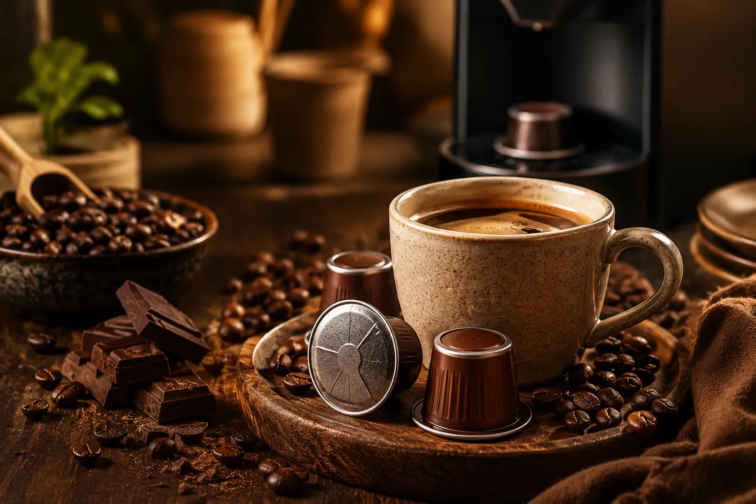 Mississippi Mud coffee pods with bold coffee cup and roasted beans