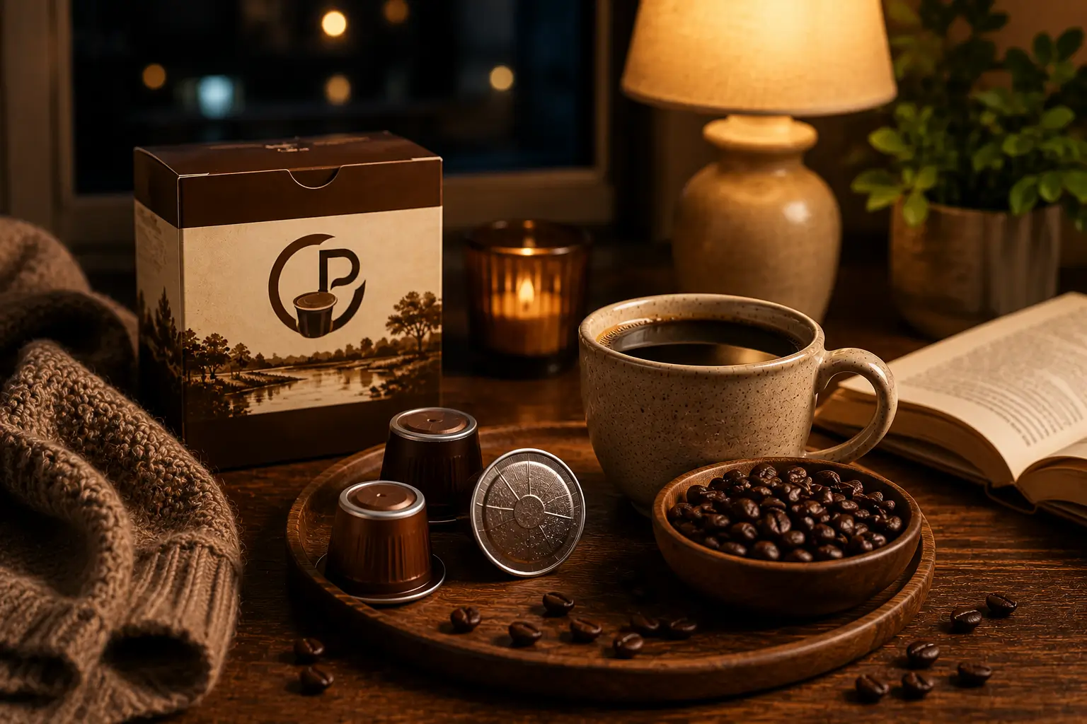 Mississippi Mud decaf or lower caffeine coffee pods in evening setting