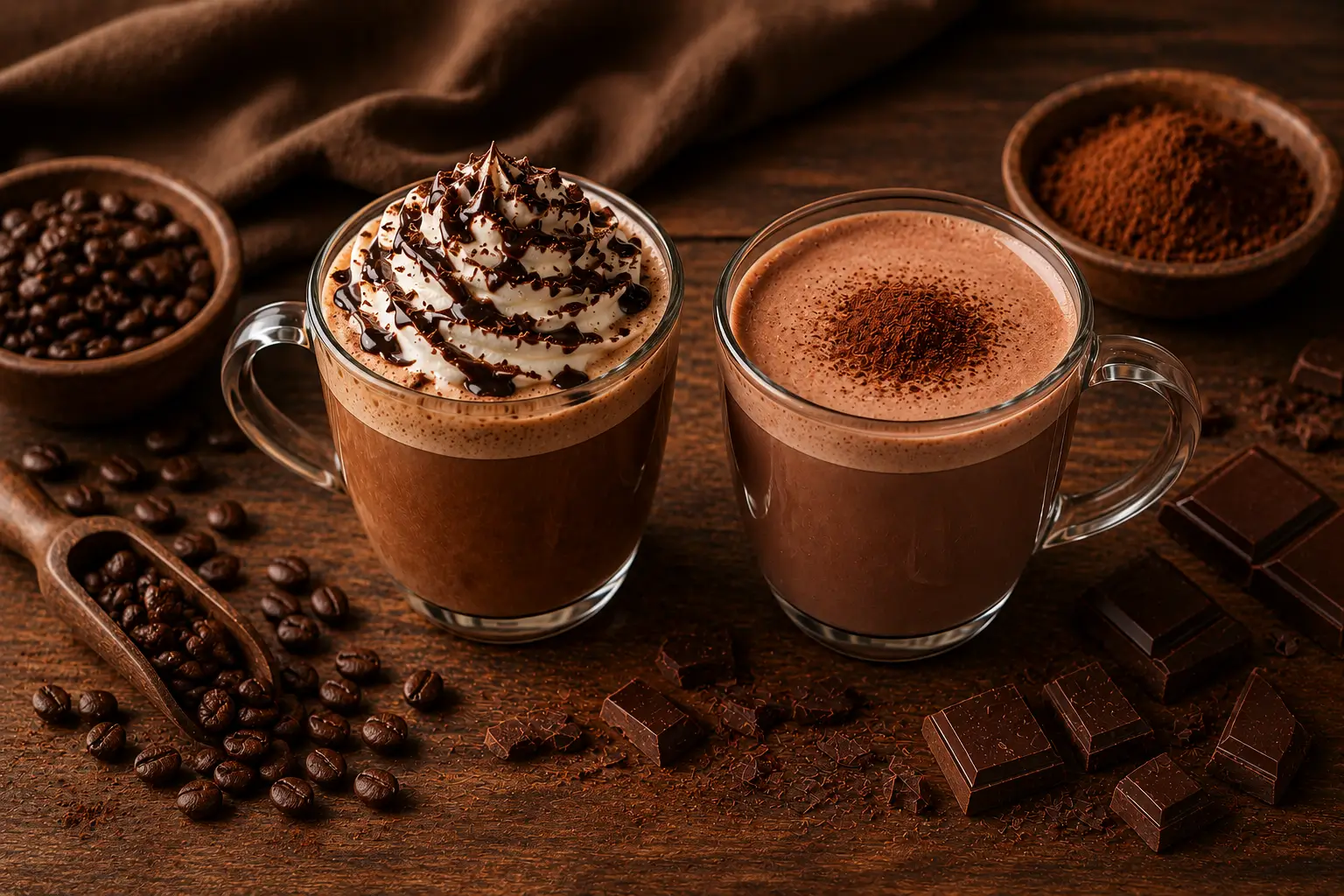 Mocha and hot chocolate drinks with chocolate ingredients